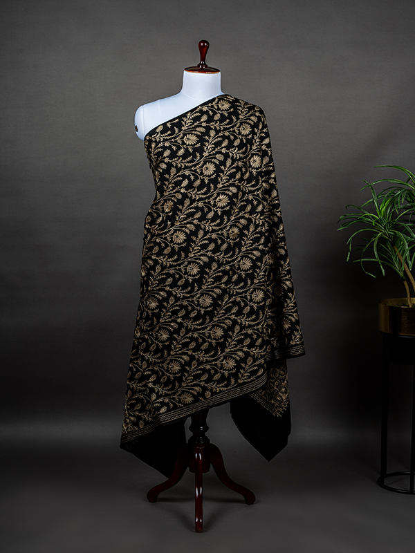 Zari Black Pure Wool Shawl For Women