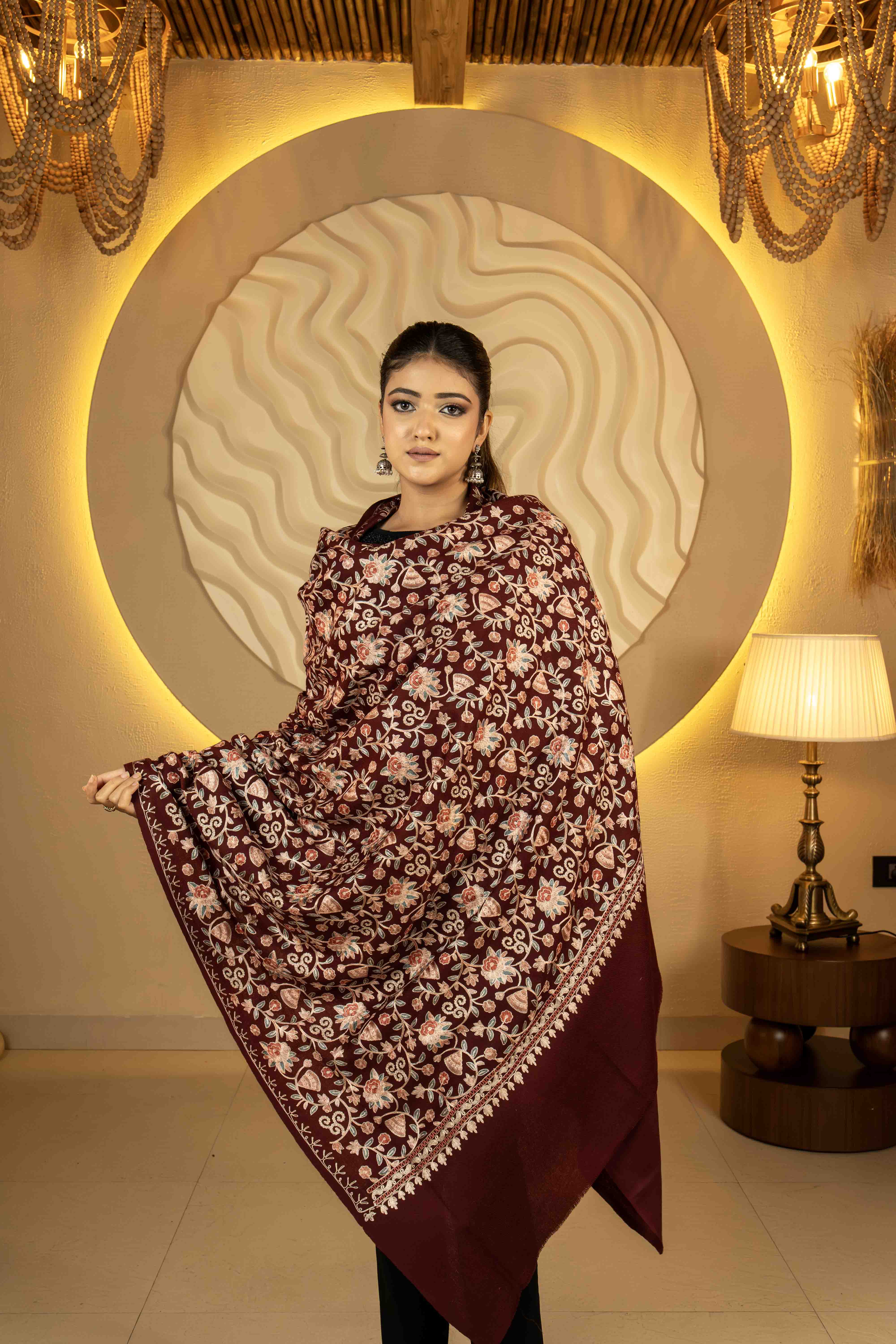Aari Embroidered Maroon Pure Wool Shawl For Women
