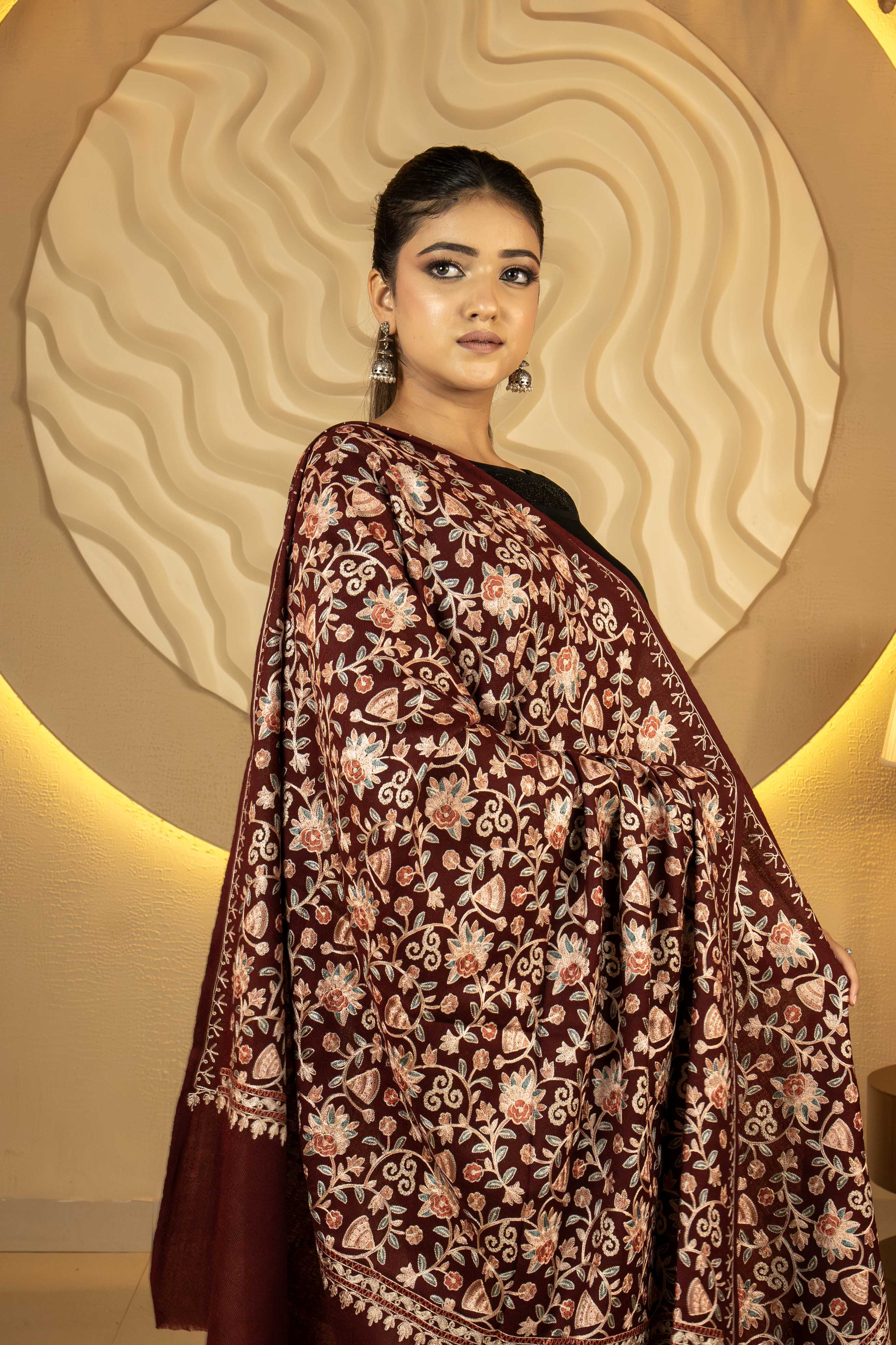 Aari Embroidered Maroon Pure Wool Shawl For Women