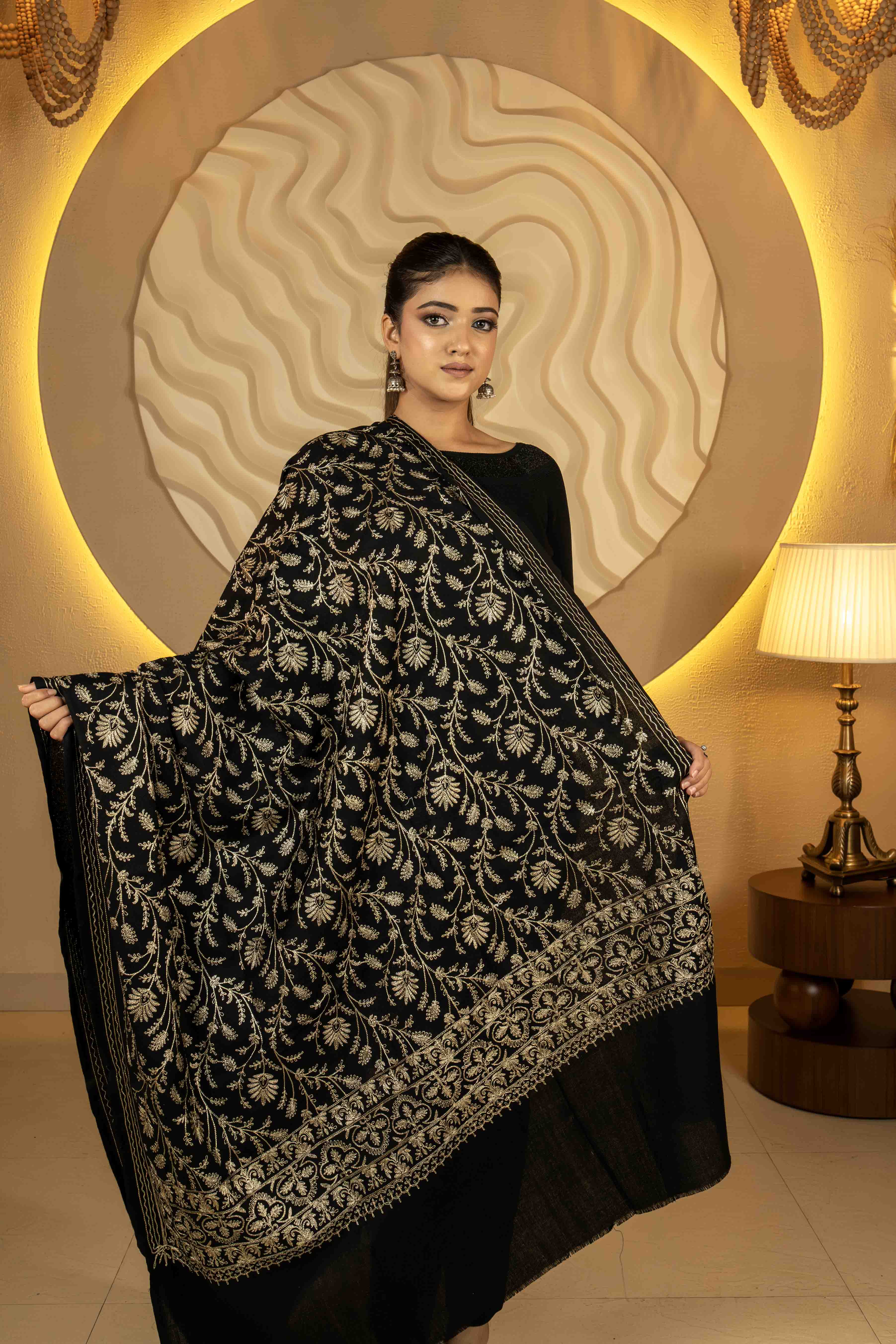 Zari Black Pure Wool Shawl For Women