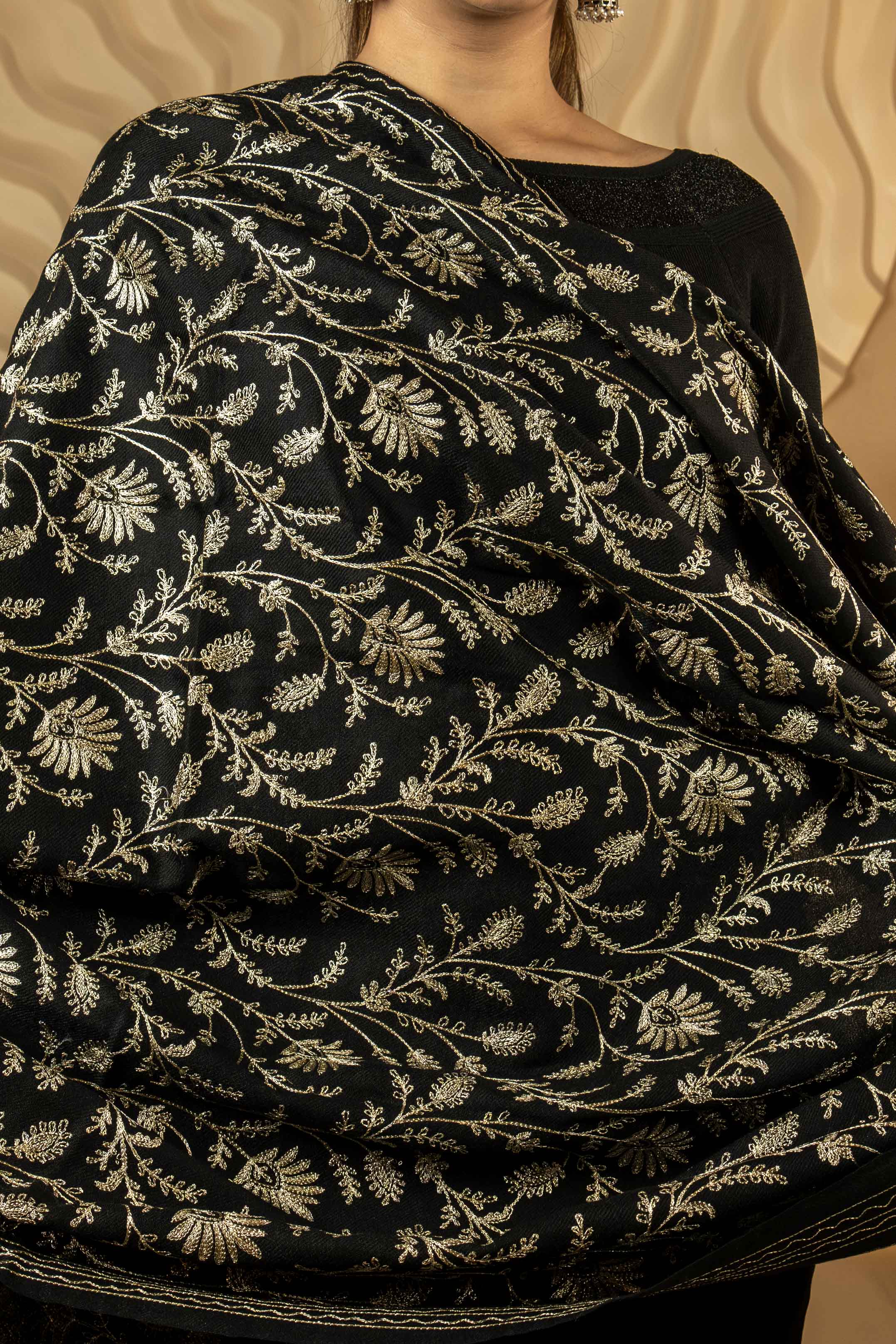 Zari Black Pure Wool Shawl For Women