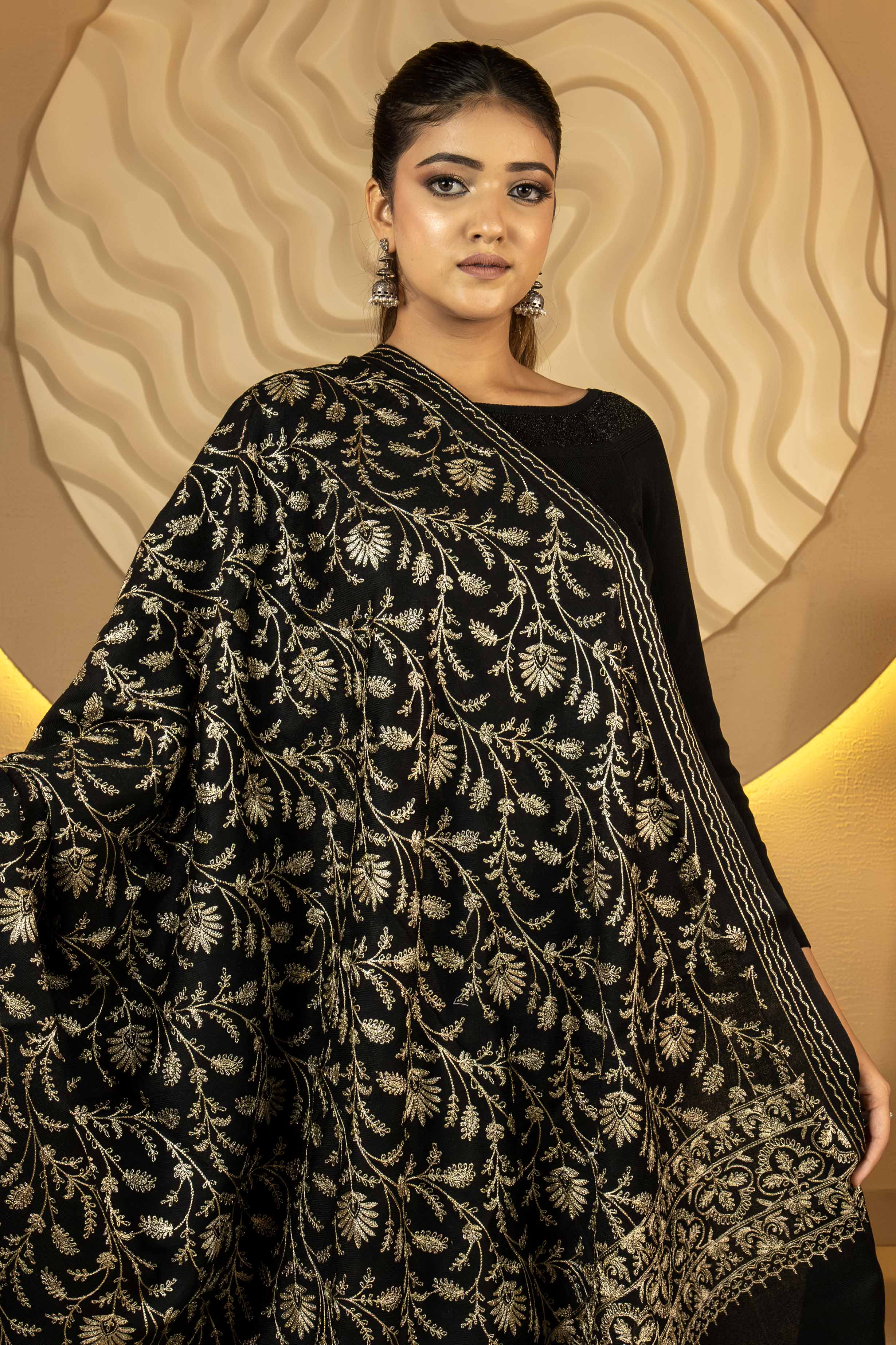 Zari Black Pure Wool Shawl For Women