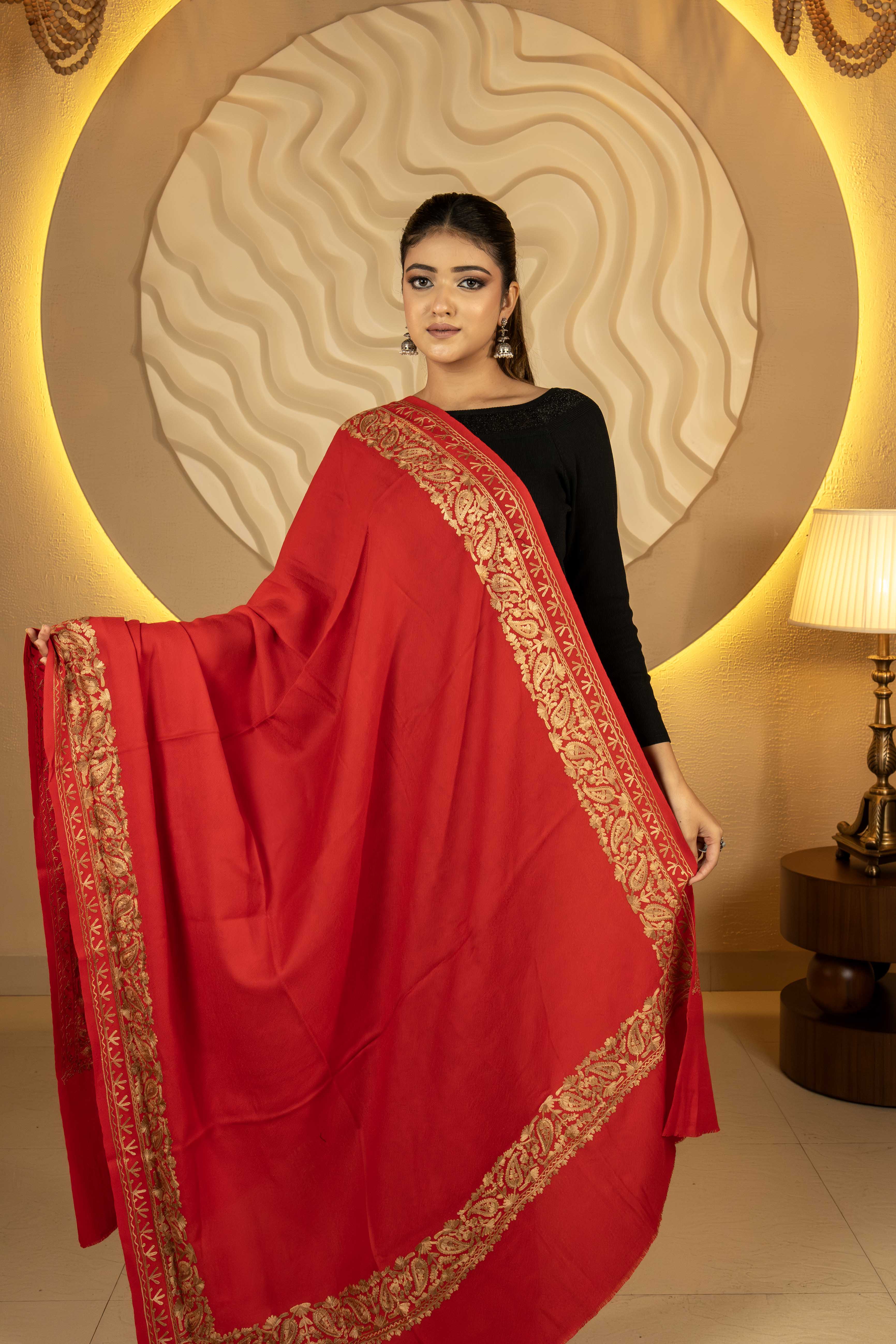 Aari Embroidered Red Pure Wool Shawl For Women