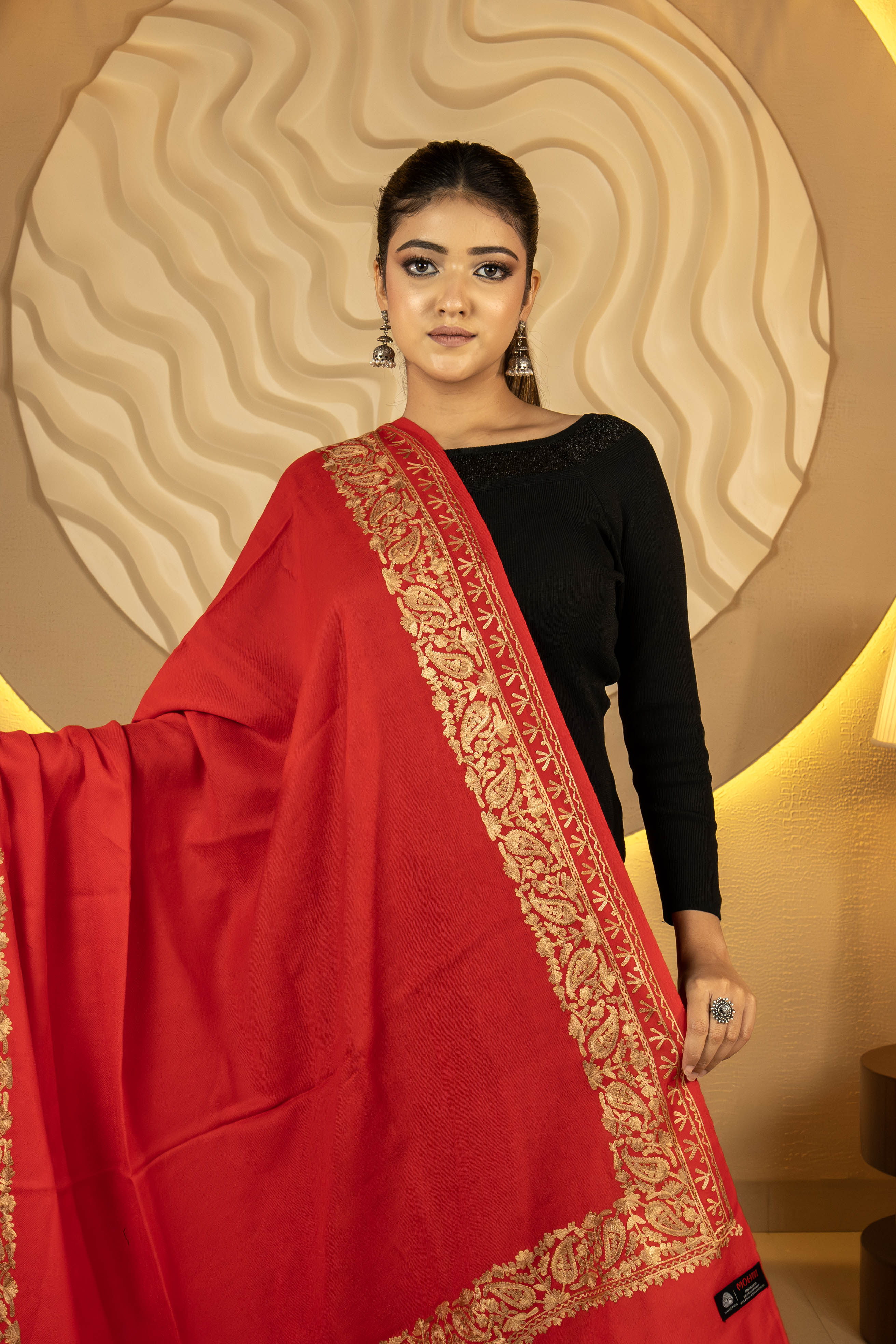 Aari Embroidered Red Pure Wool Shawl For Women