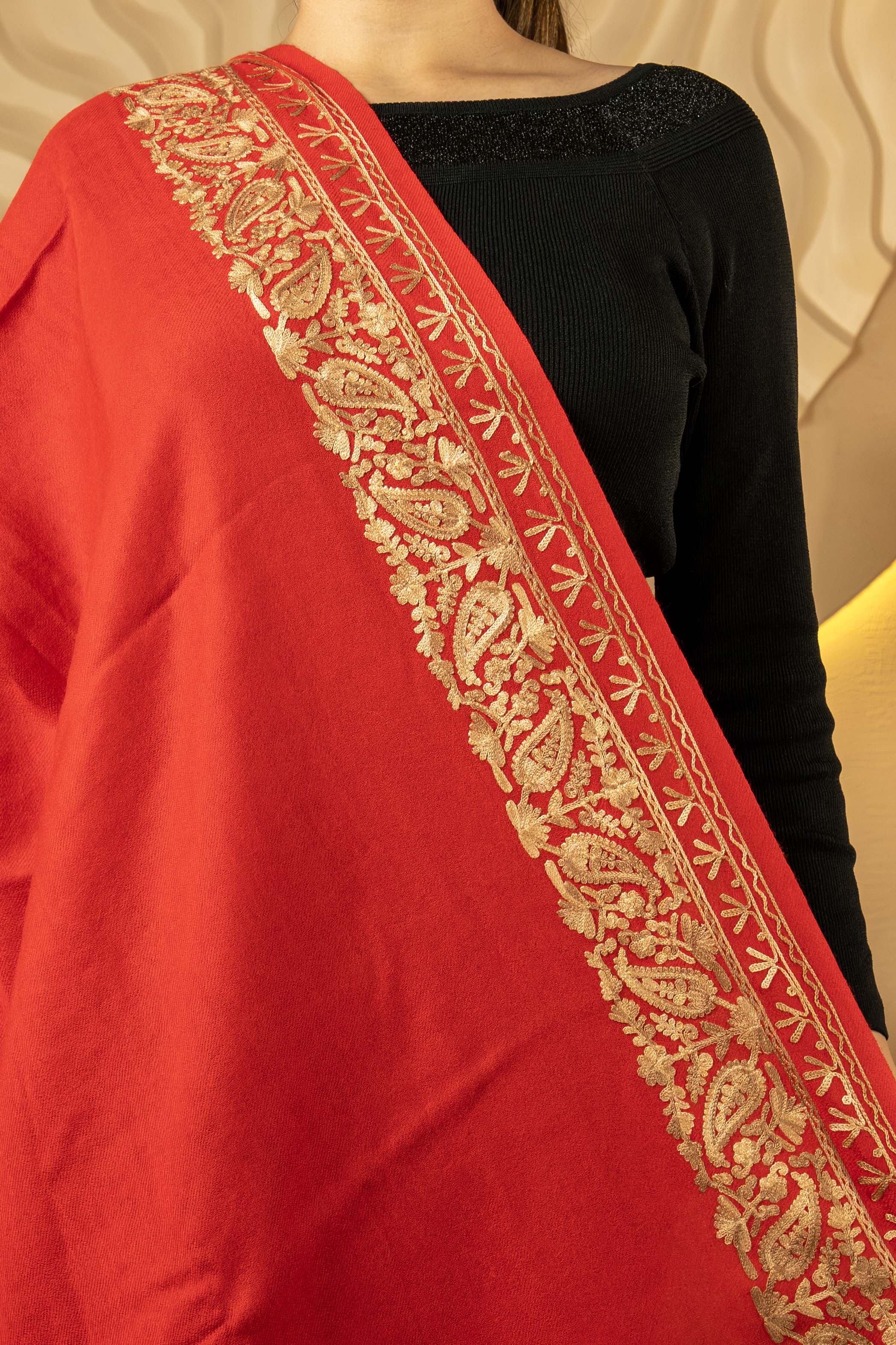 Aari Embroidered Red Pure Wool Shawl For Women