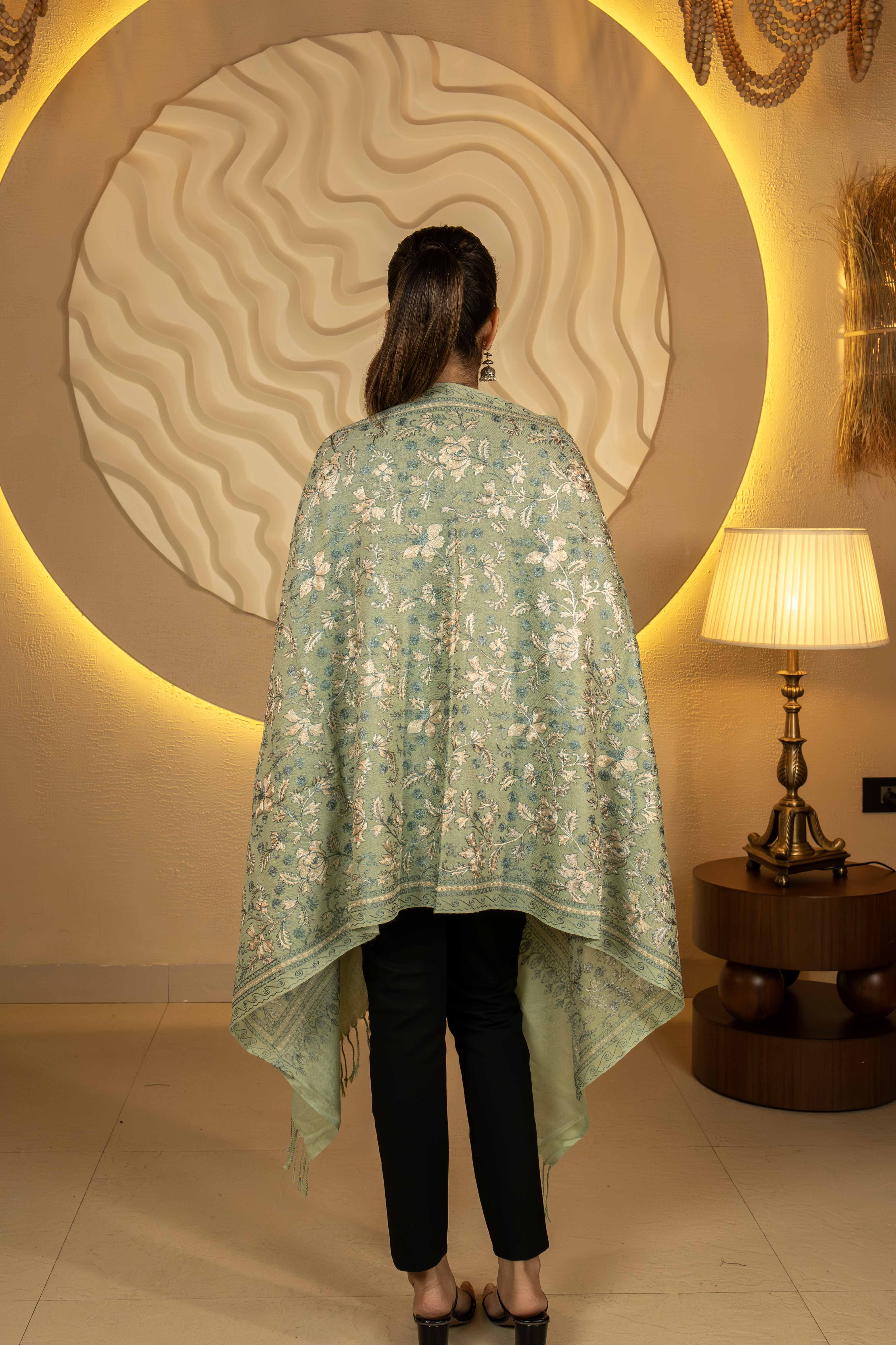 Aari Embroidered Green Pure Wool Stole For Women