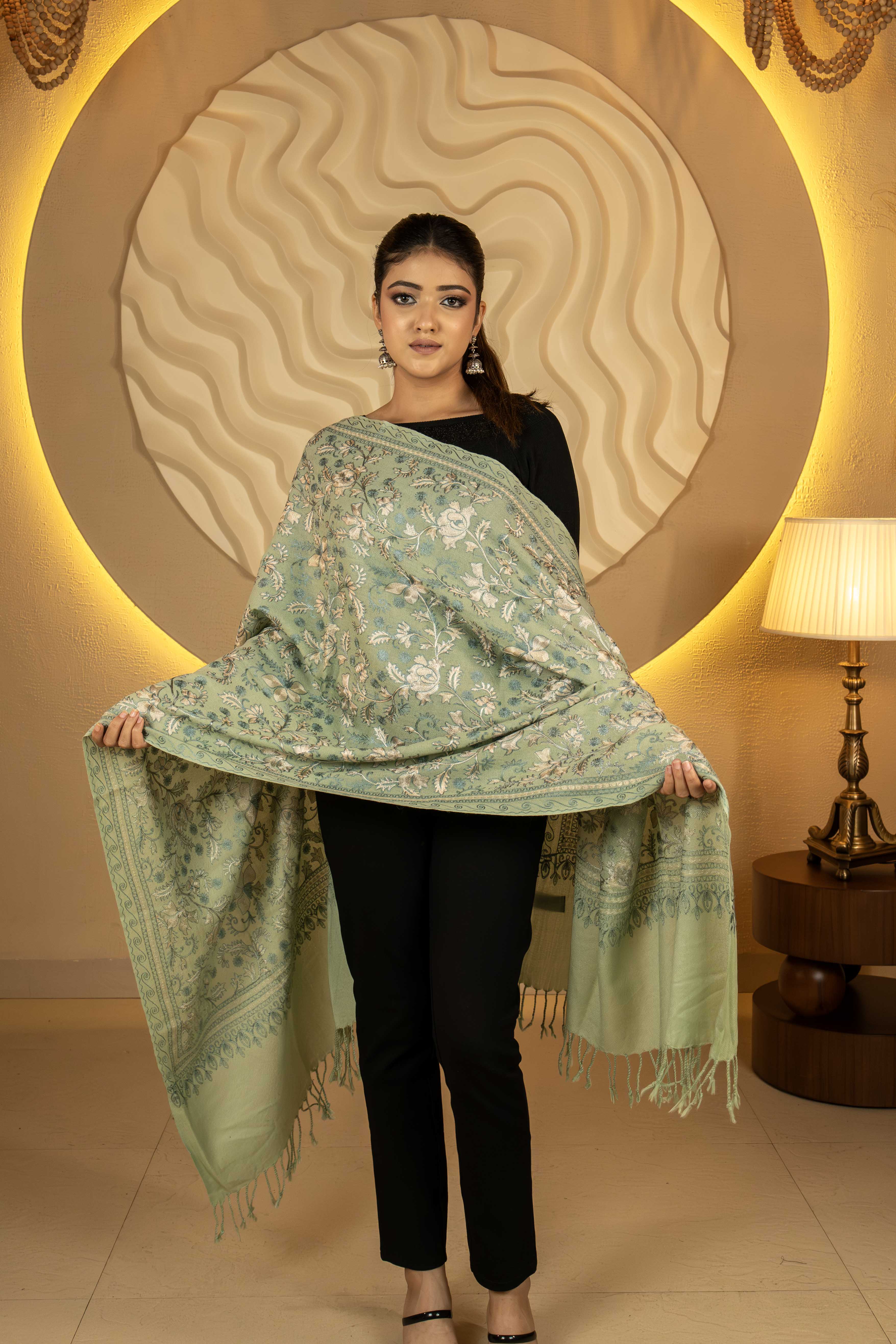 Aari Embroidered Green Pure Wool Stole For Women