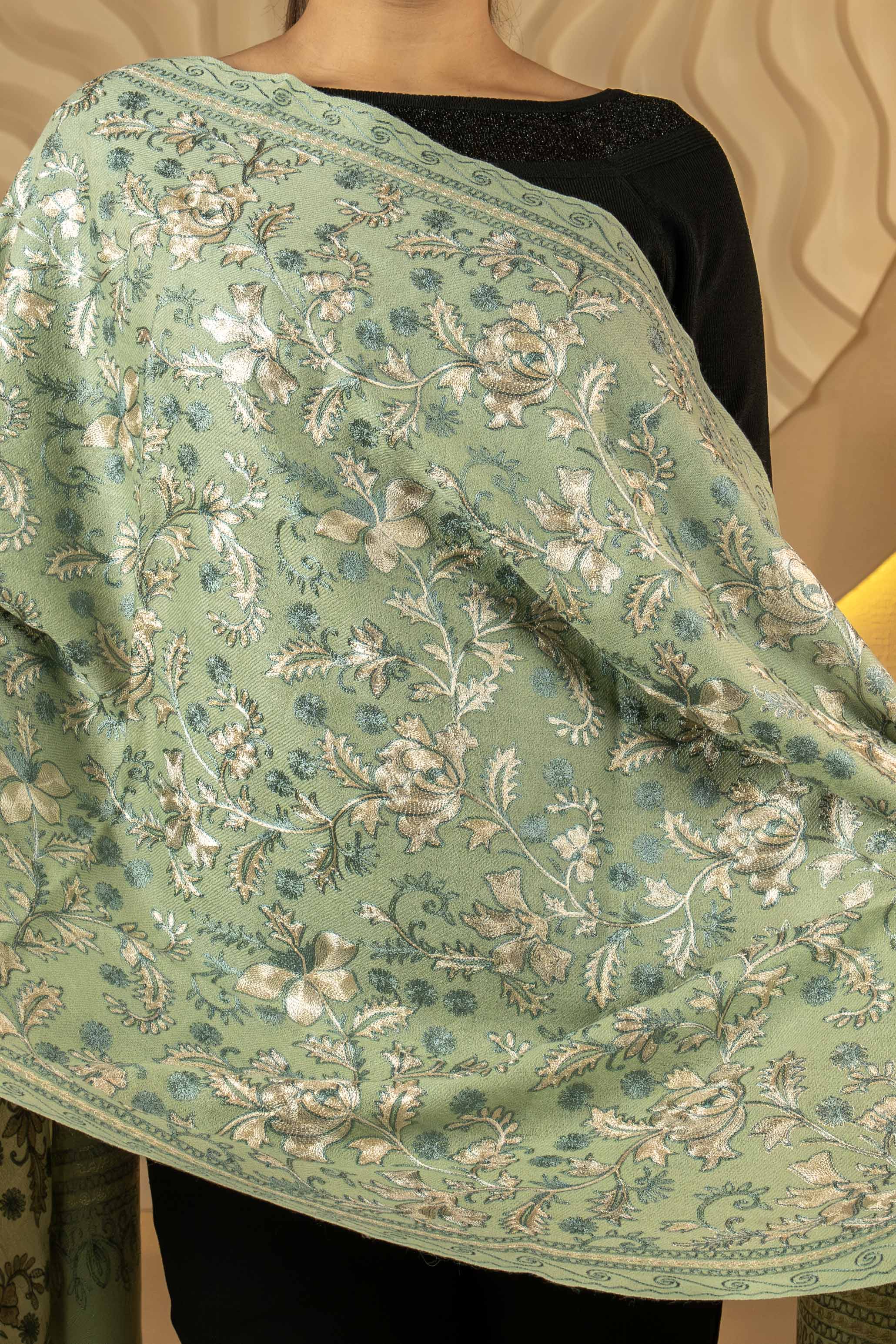 Aari Embroidered Green Pure Wool Stole For Women