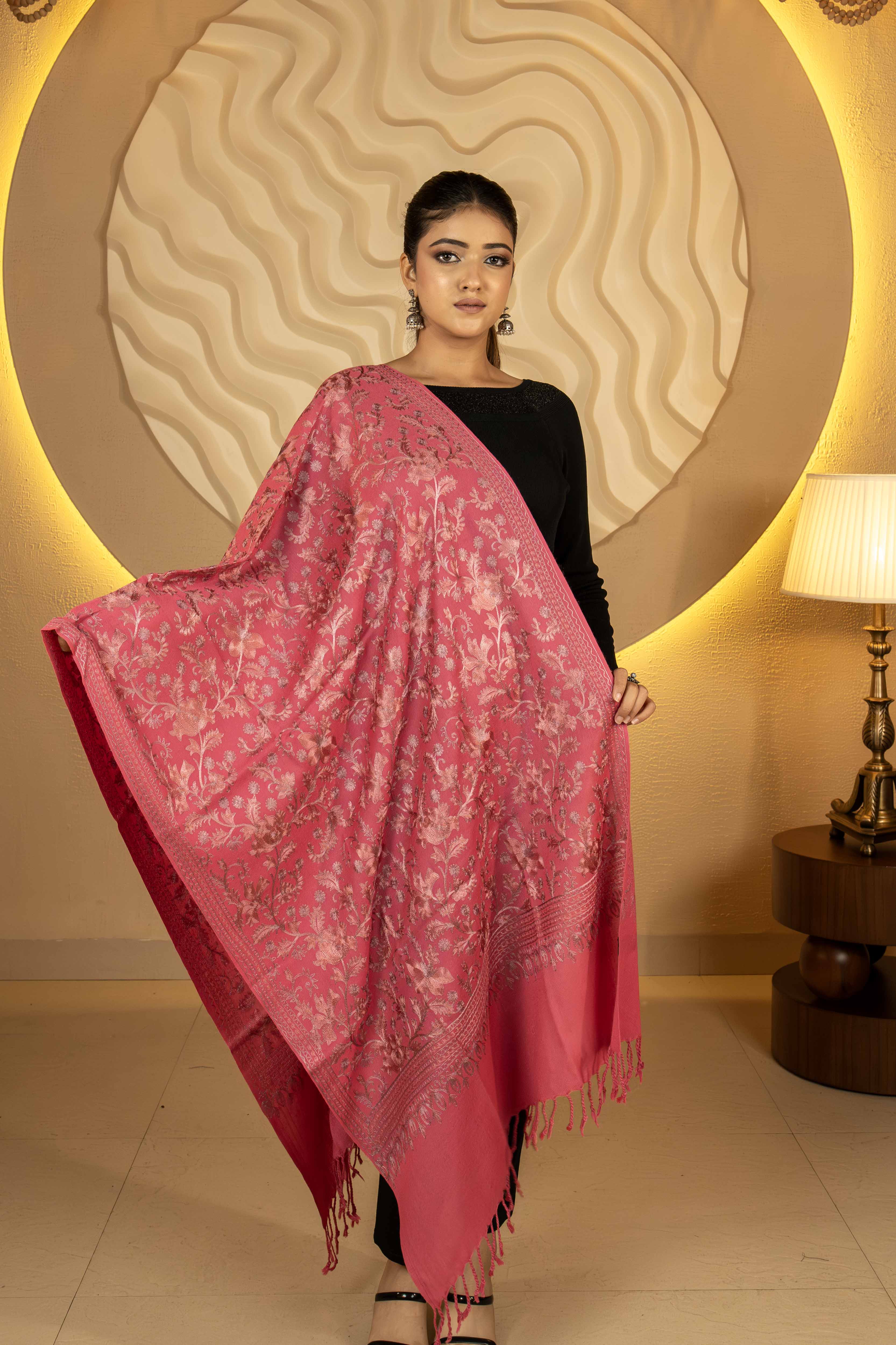 Aari Embroidered Pink Pure Wool Stole For Women
