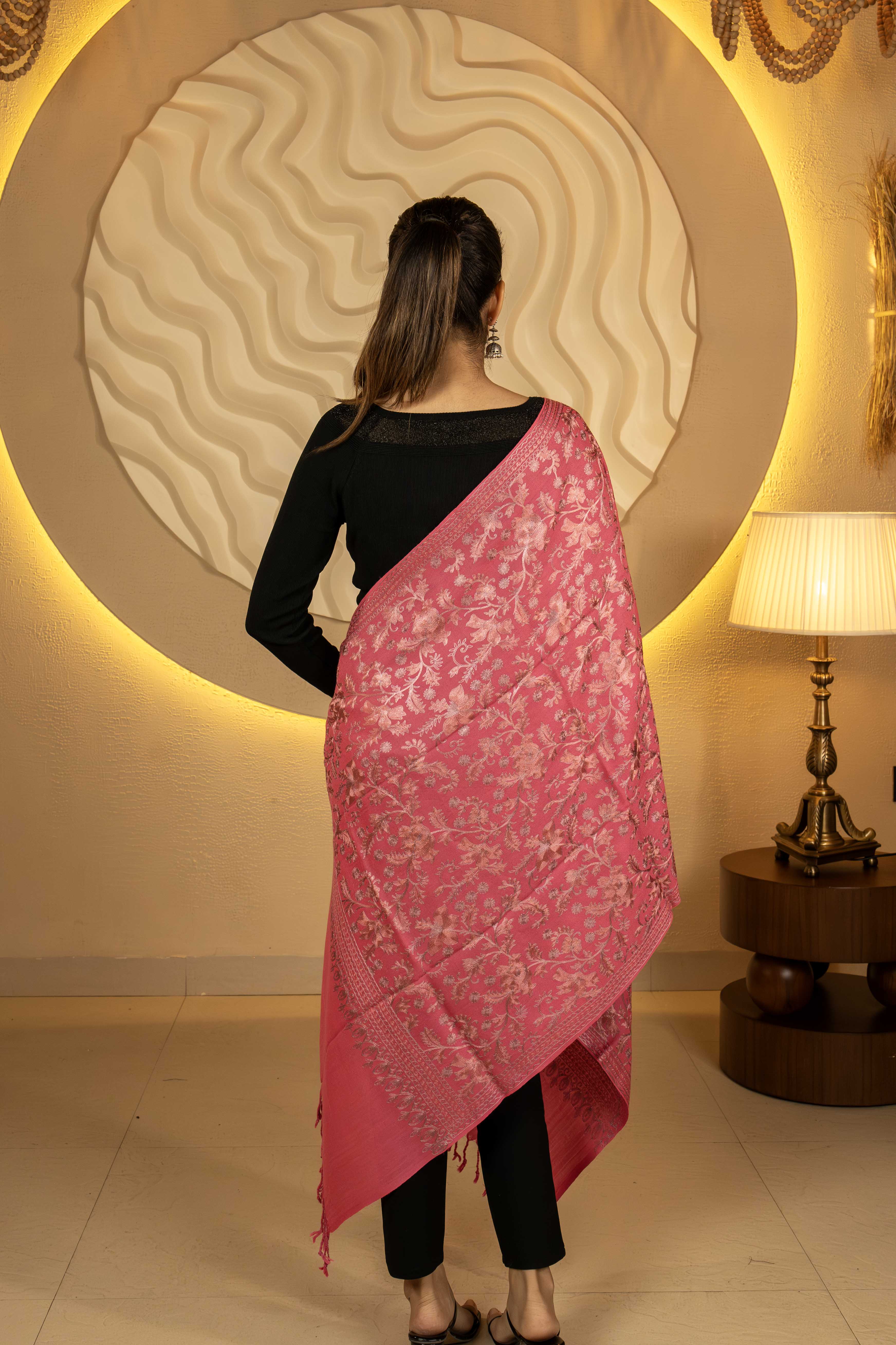Aari Embroidered Pink Pure Wool Stole For Women