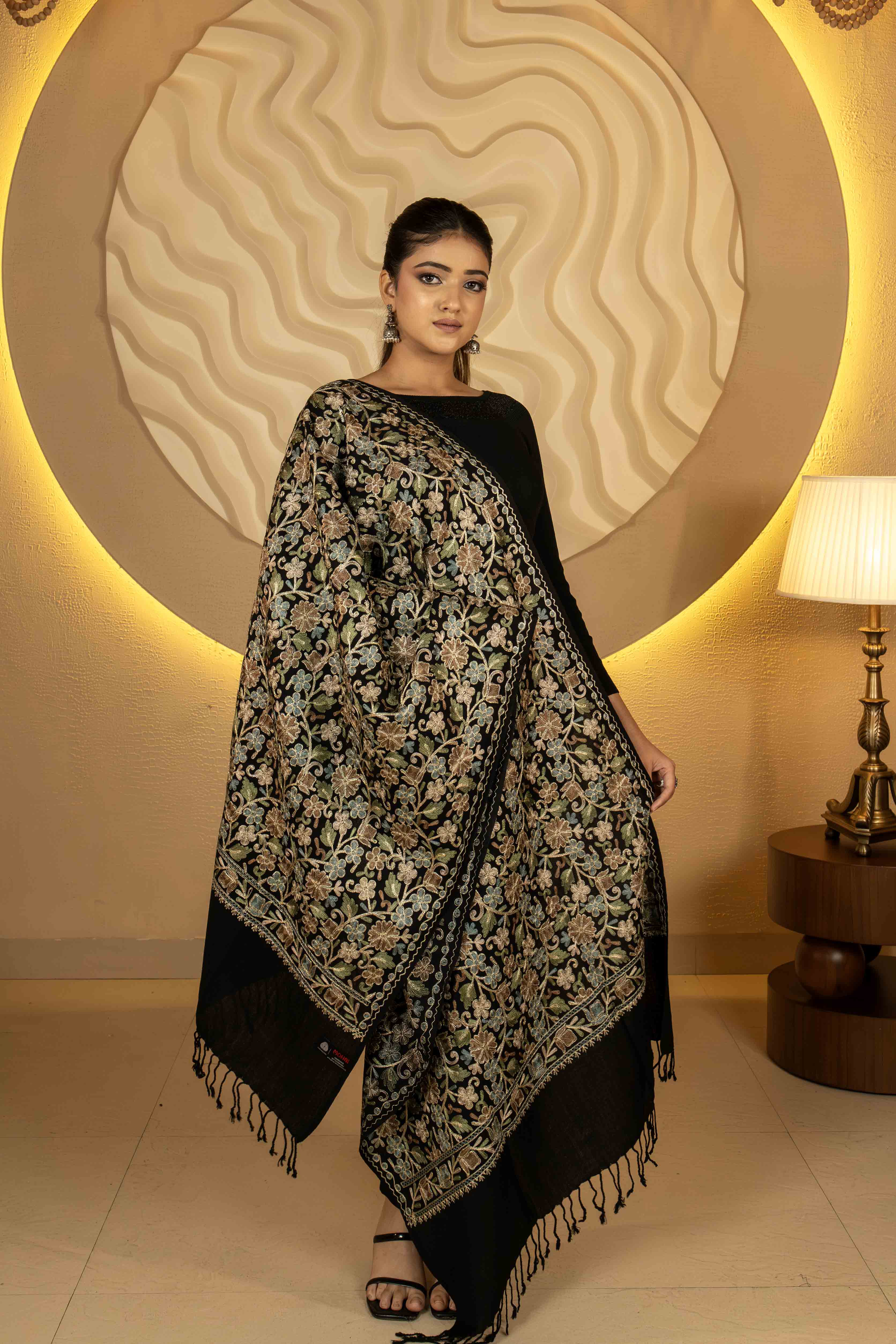 Aari Embroidered Black Pure Wool Stole For Women