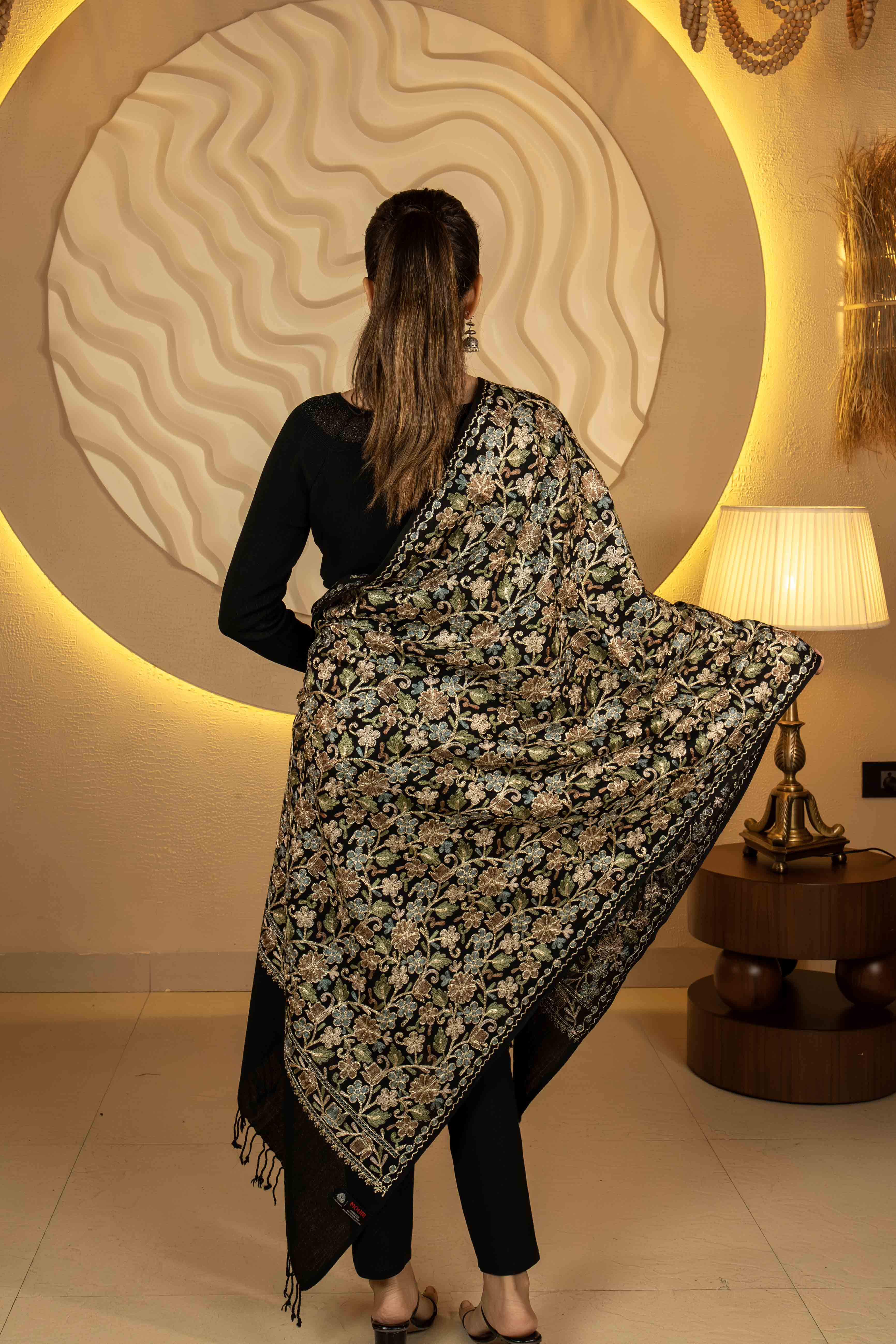Aari Embroidered Black Pure Wool Stole For Women