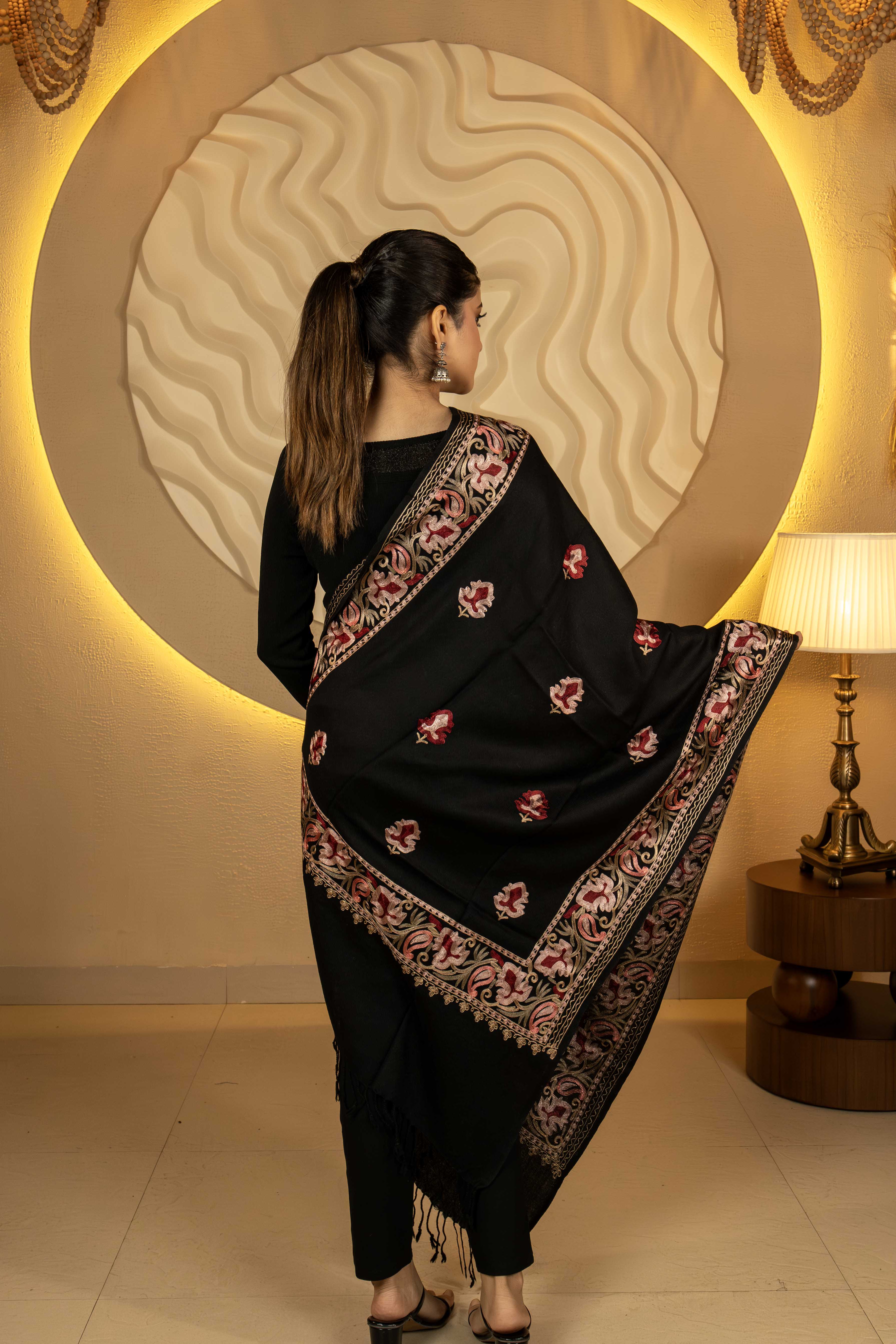 Aari Embroidered Black Pure Wool Stole For Women