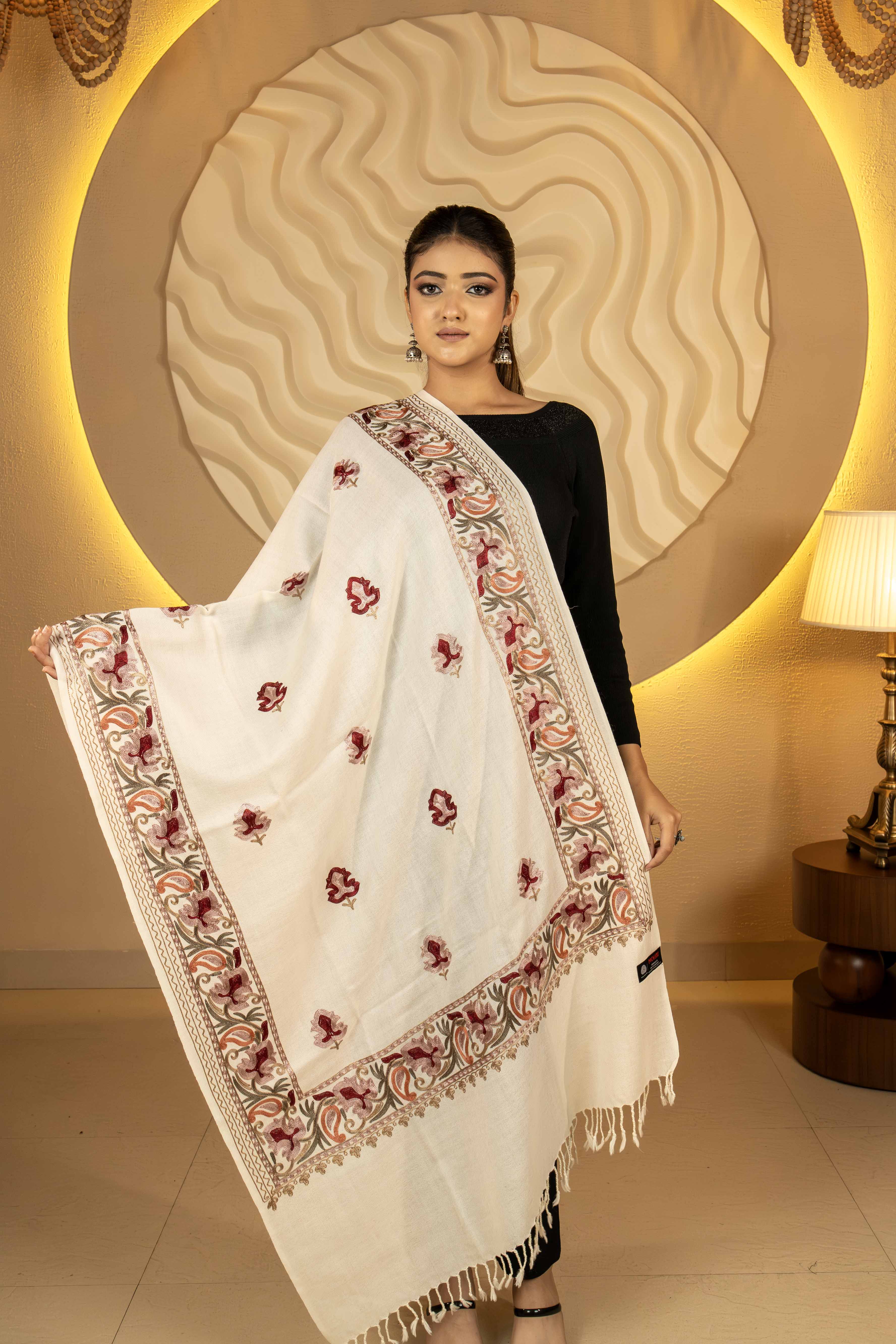 Aari Embroidered Cream Pure Wool Stole For Women
