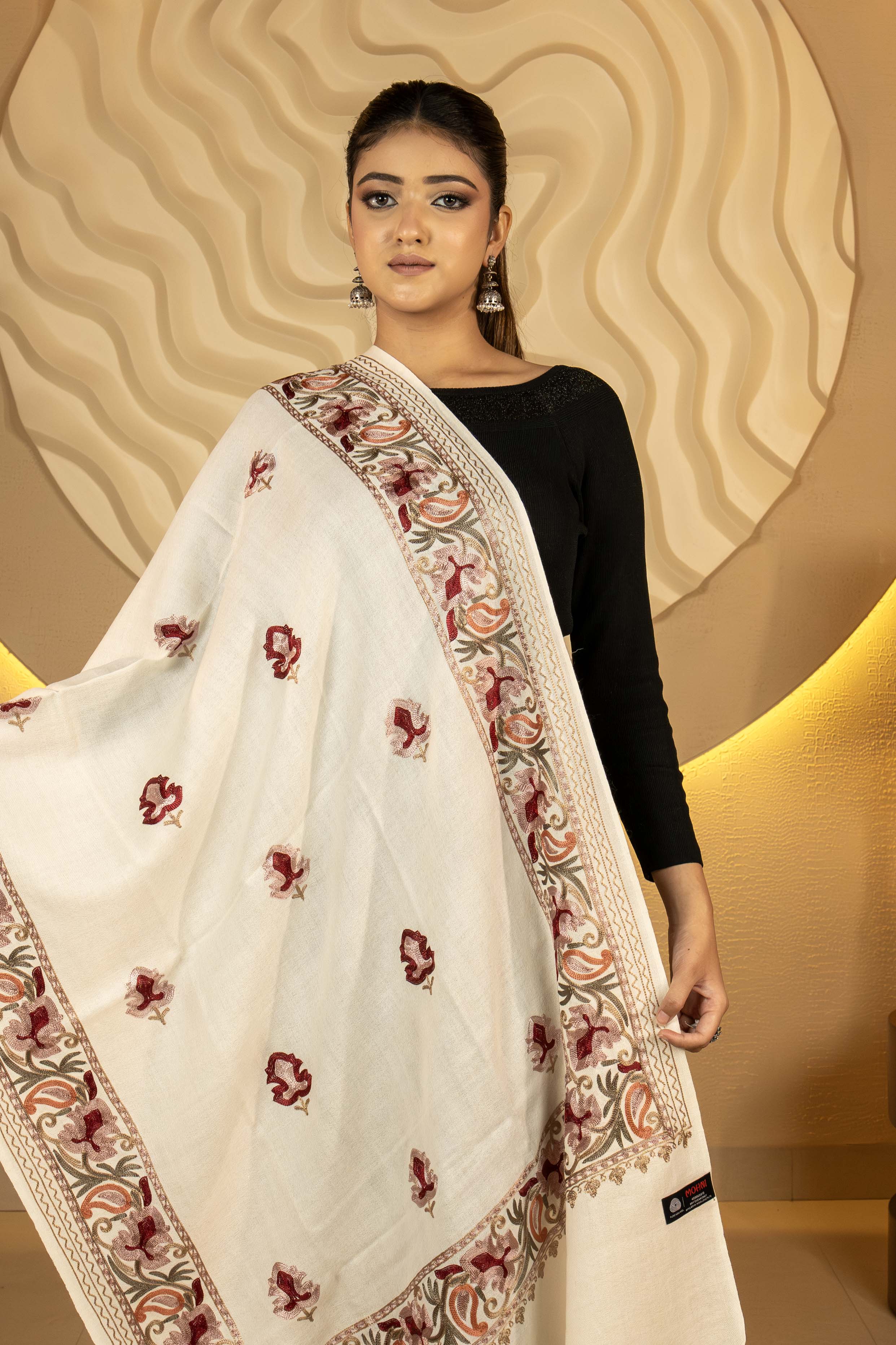 Aari Embroidered Cream Pure Wool Stole For Women