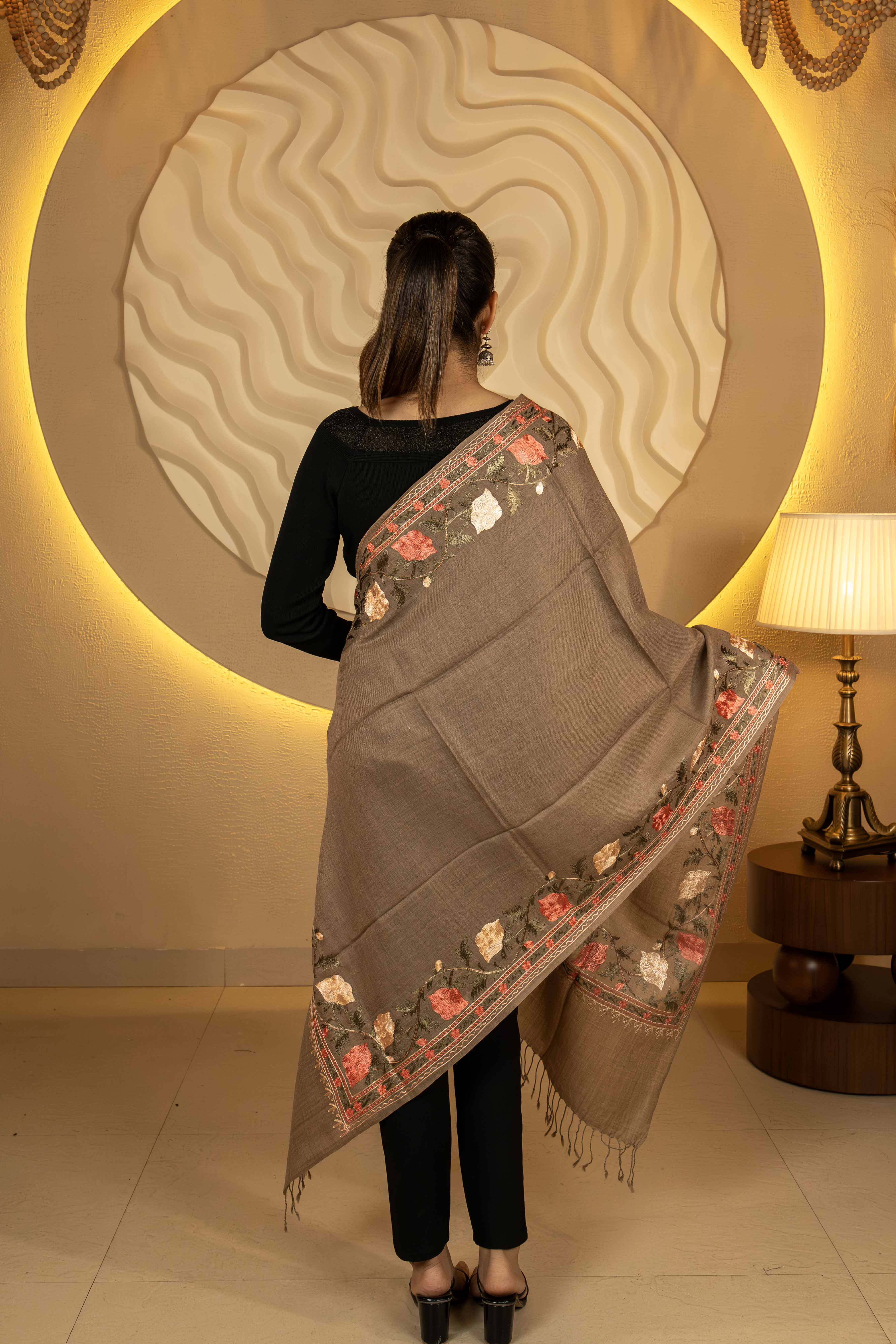 Aari Embroidered Brown Pure Wool Stole For Women