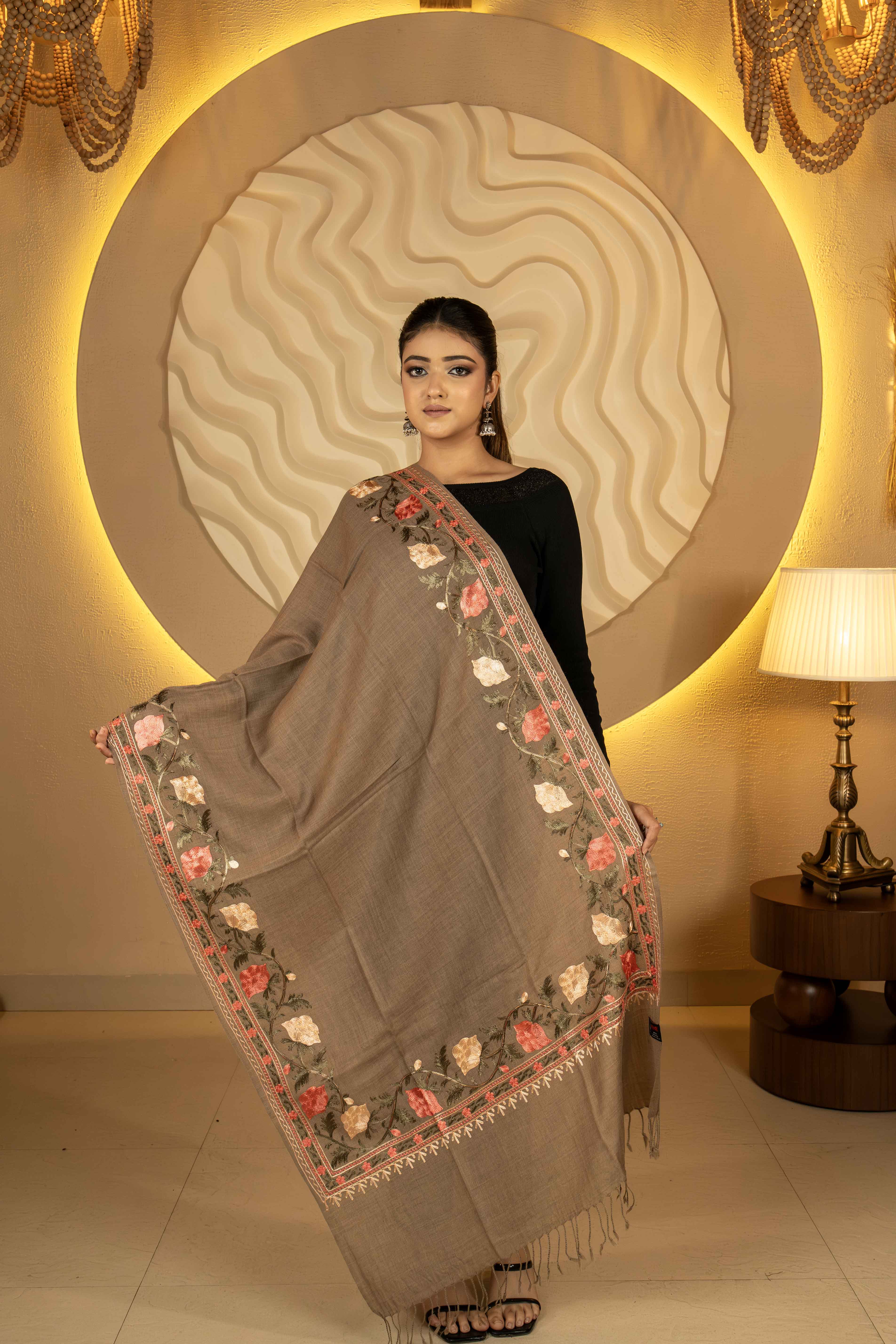 Aari Embroidered Brown Pure Wool Stole For Women