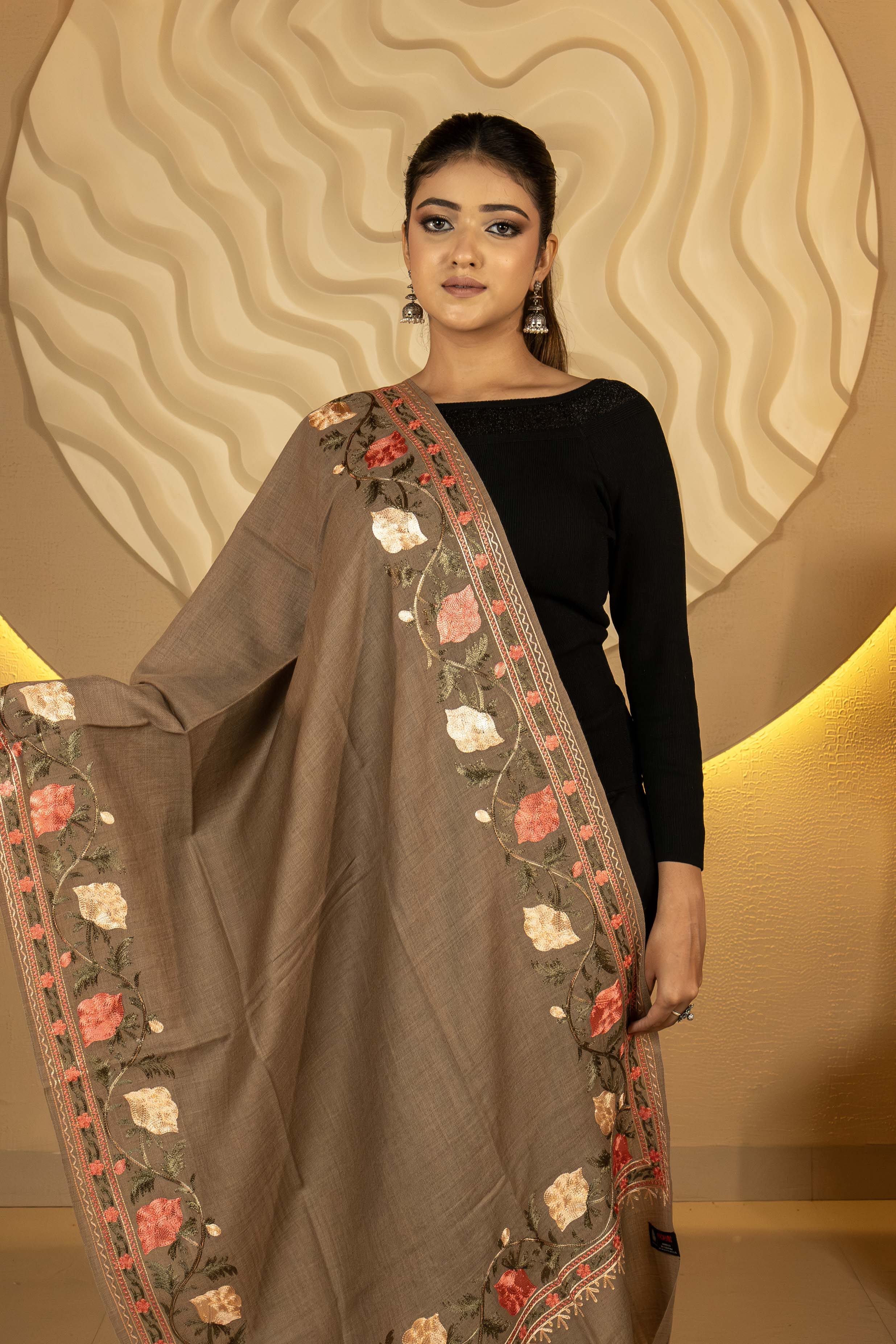 Aari Embroidered Brown Pure Wool Stole For Women