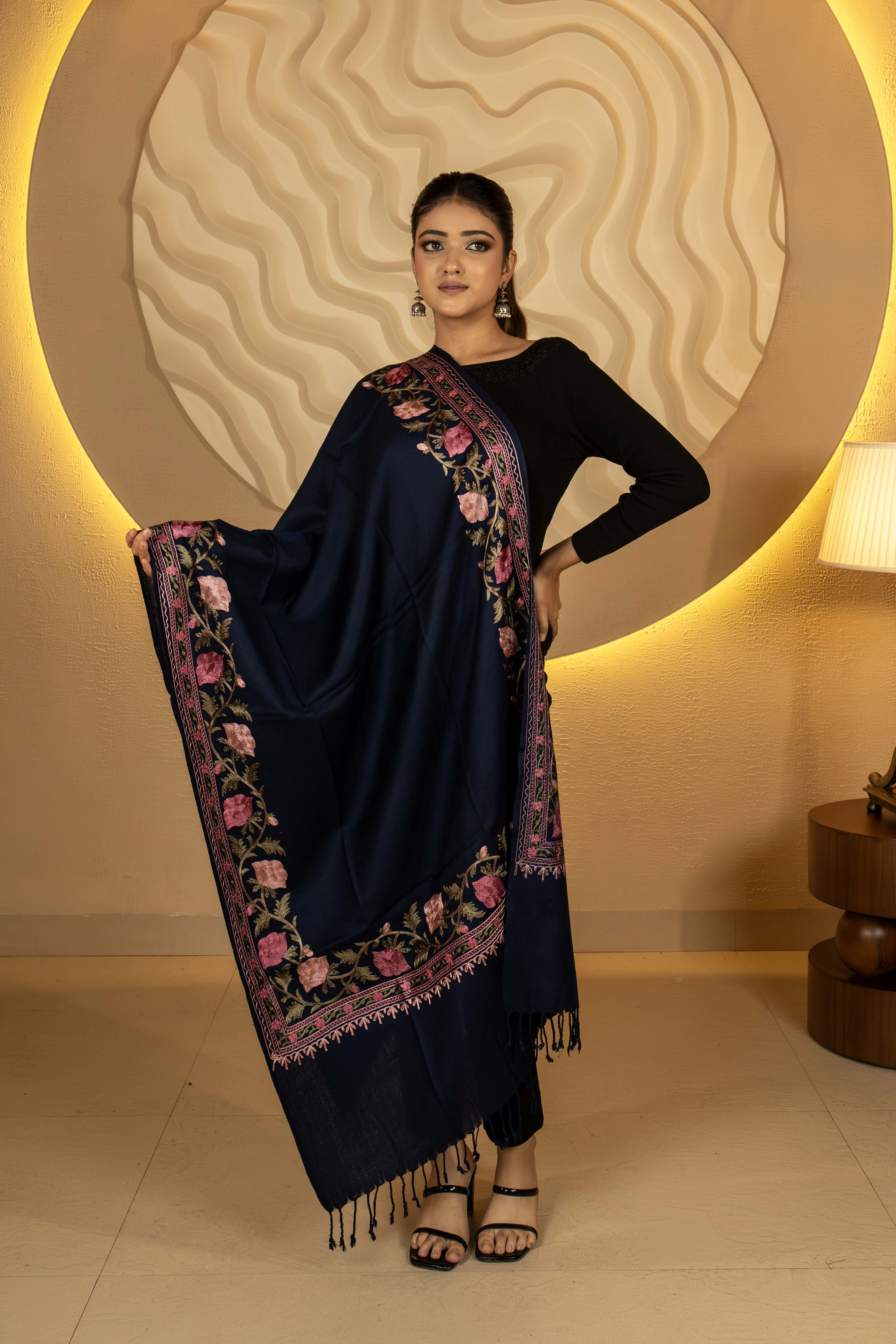 Aari Embroidered Navy Blue Pure Wool Stole For Women