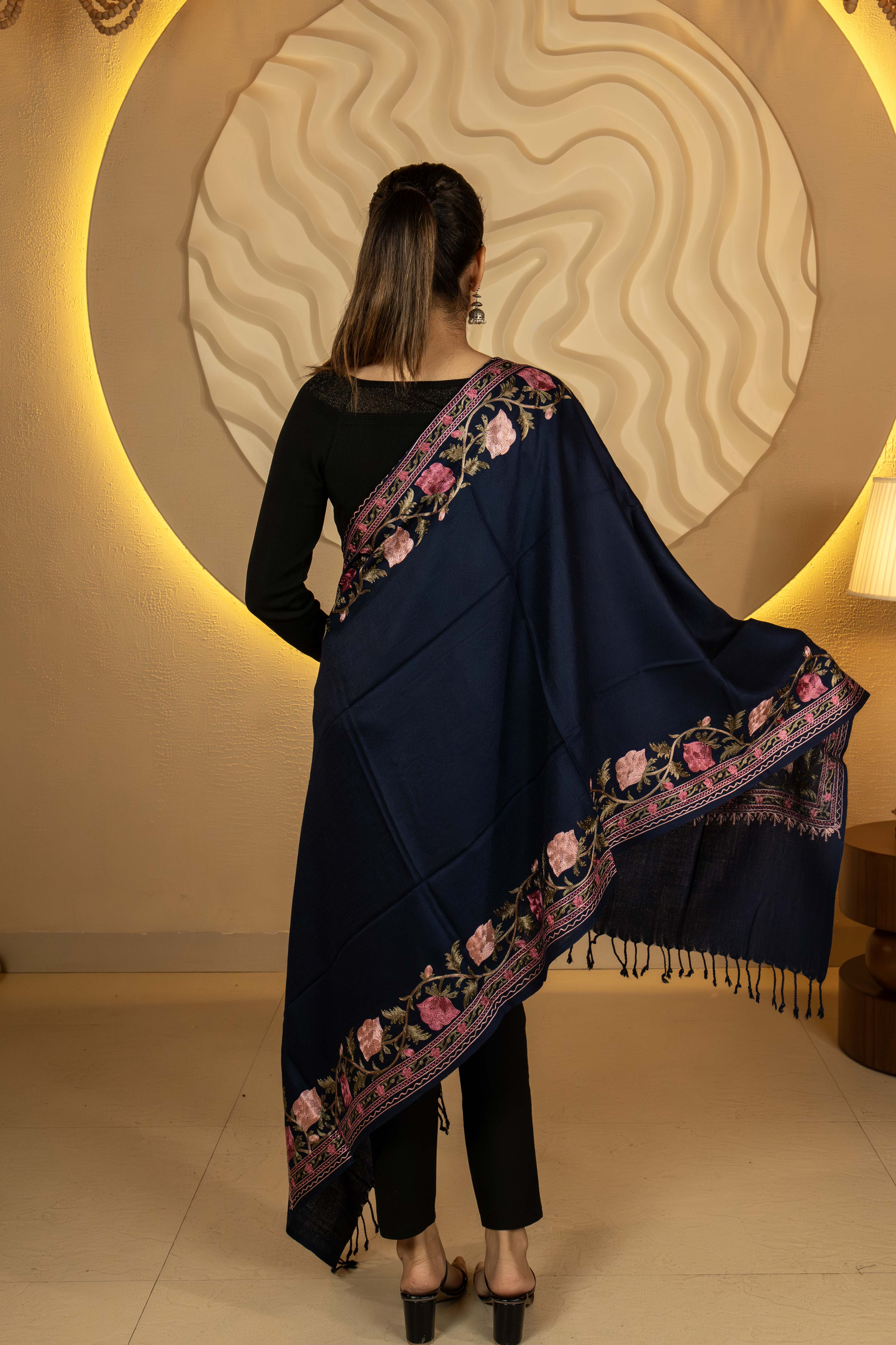 Aari Embroidered Navy Blue Pure Wool Stole For Women