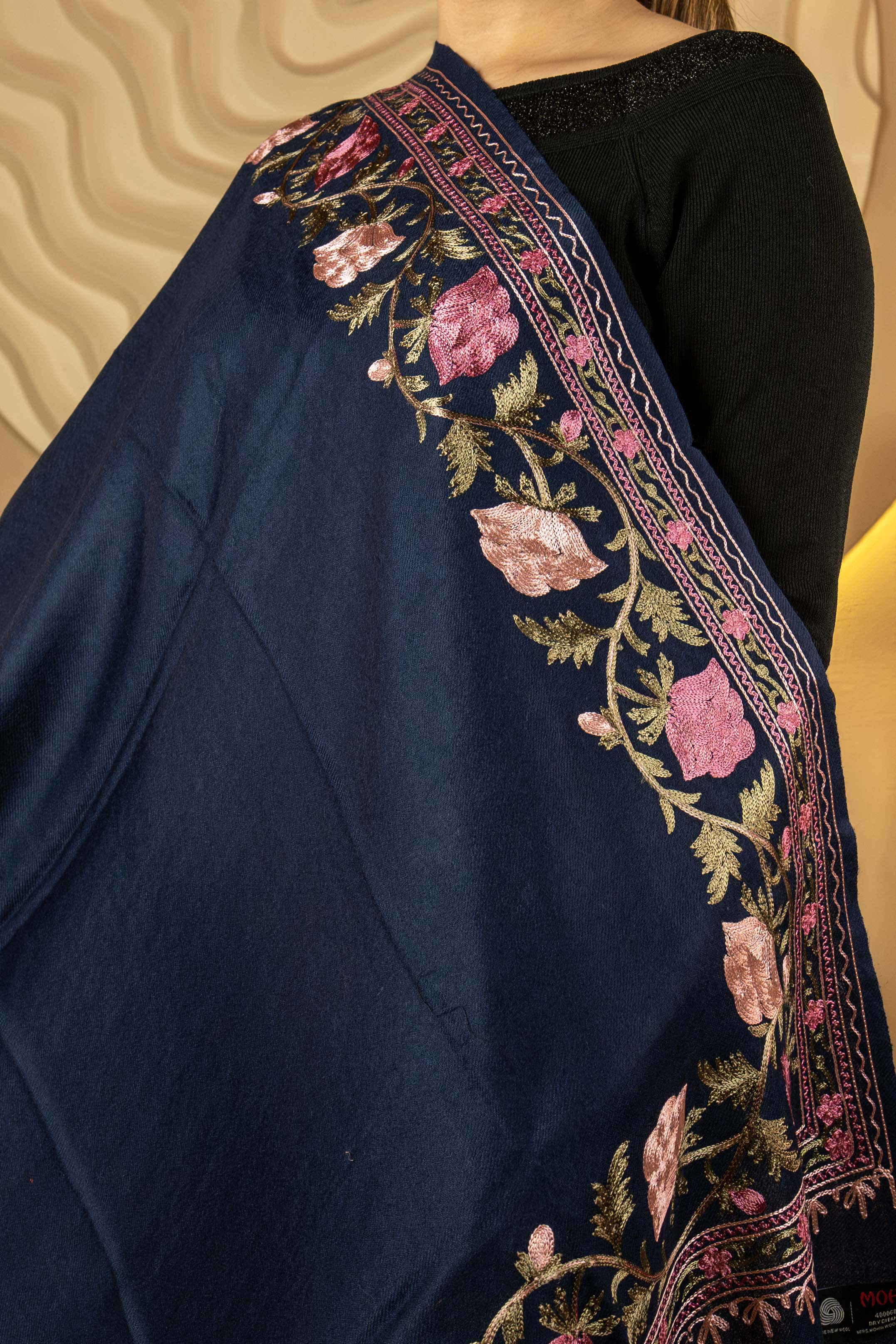 Aari Embroidered Navy Blue Pure Wool Stole For Women