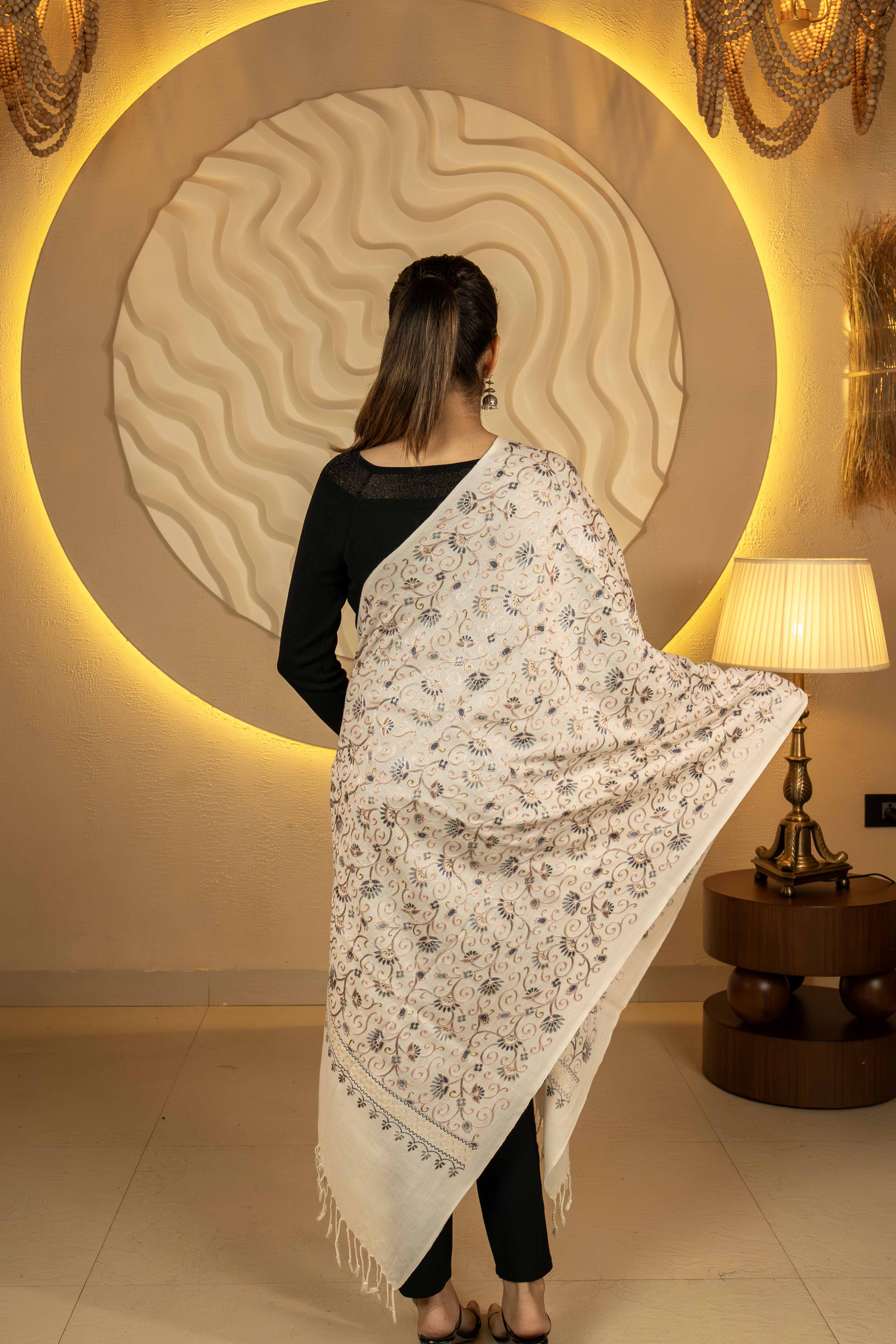 Aari Embroidered White Pure Wool Stole For Women