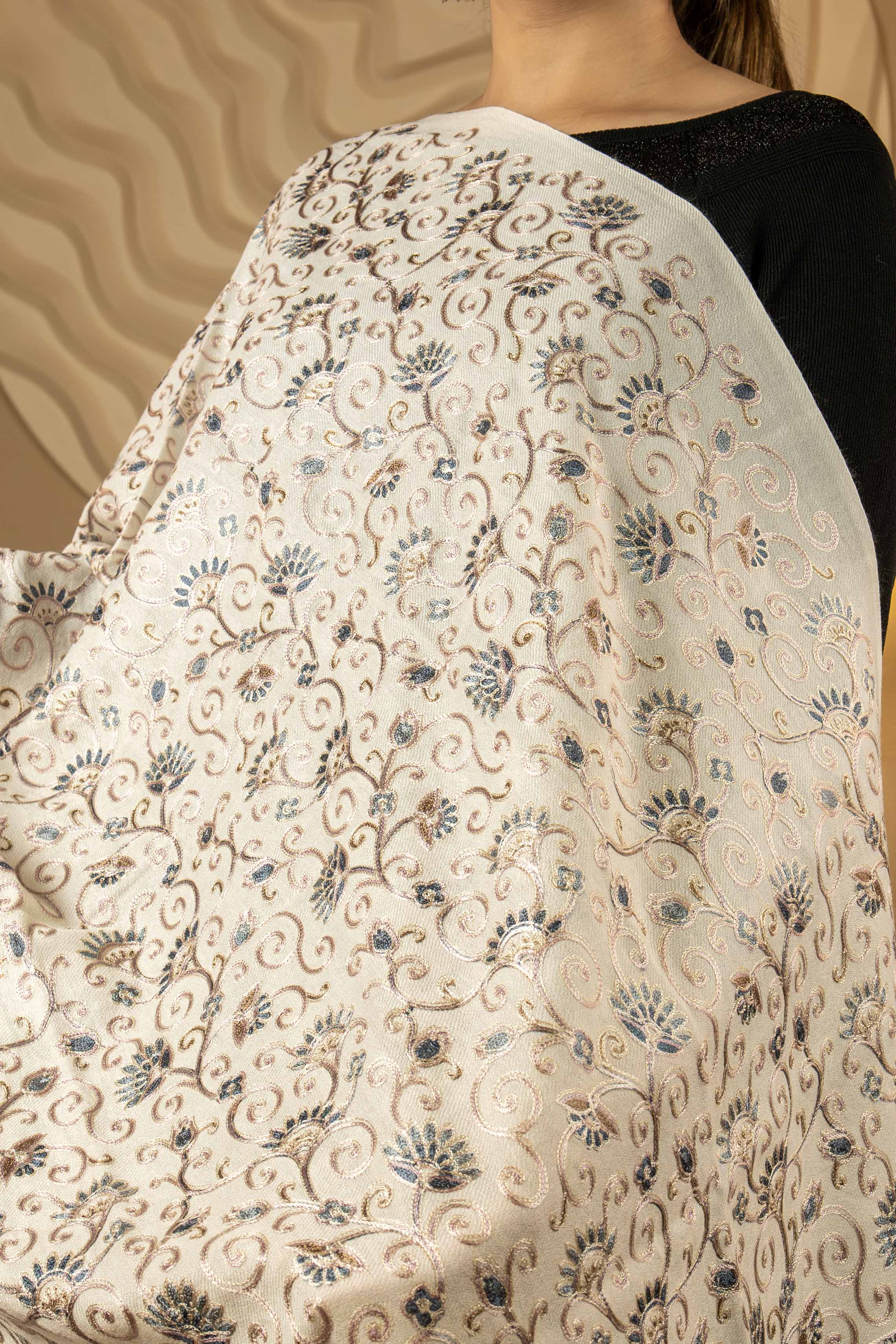 Aari Embroidered White Pure Wool Stole For Women