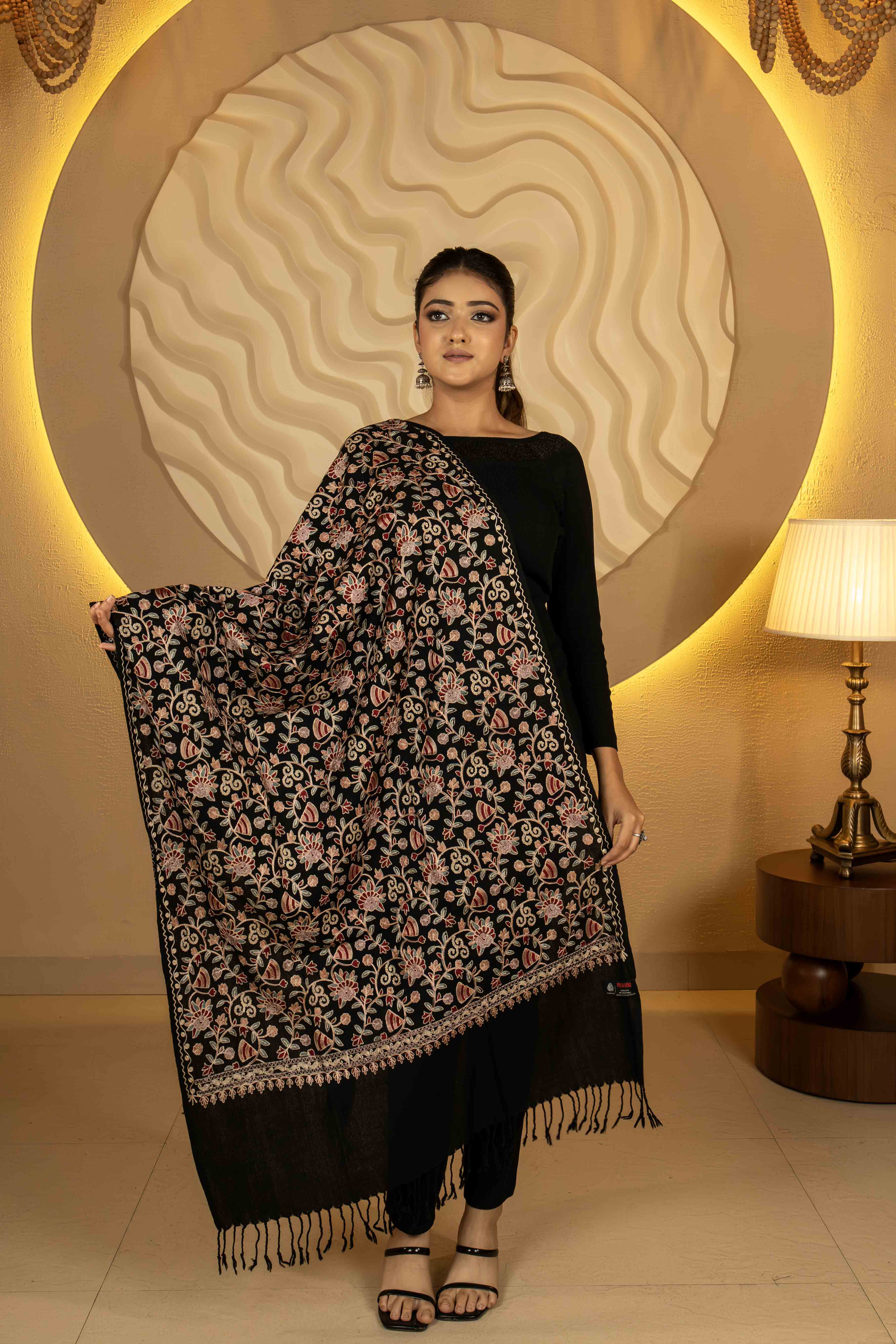 Aari Embroidered Black Pure Wool Stole For Women