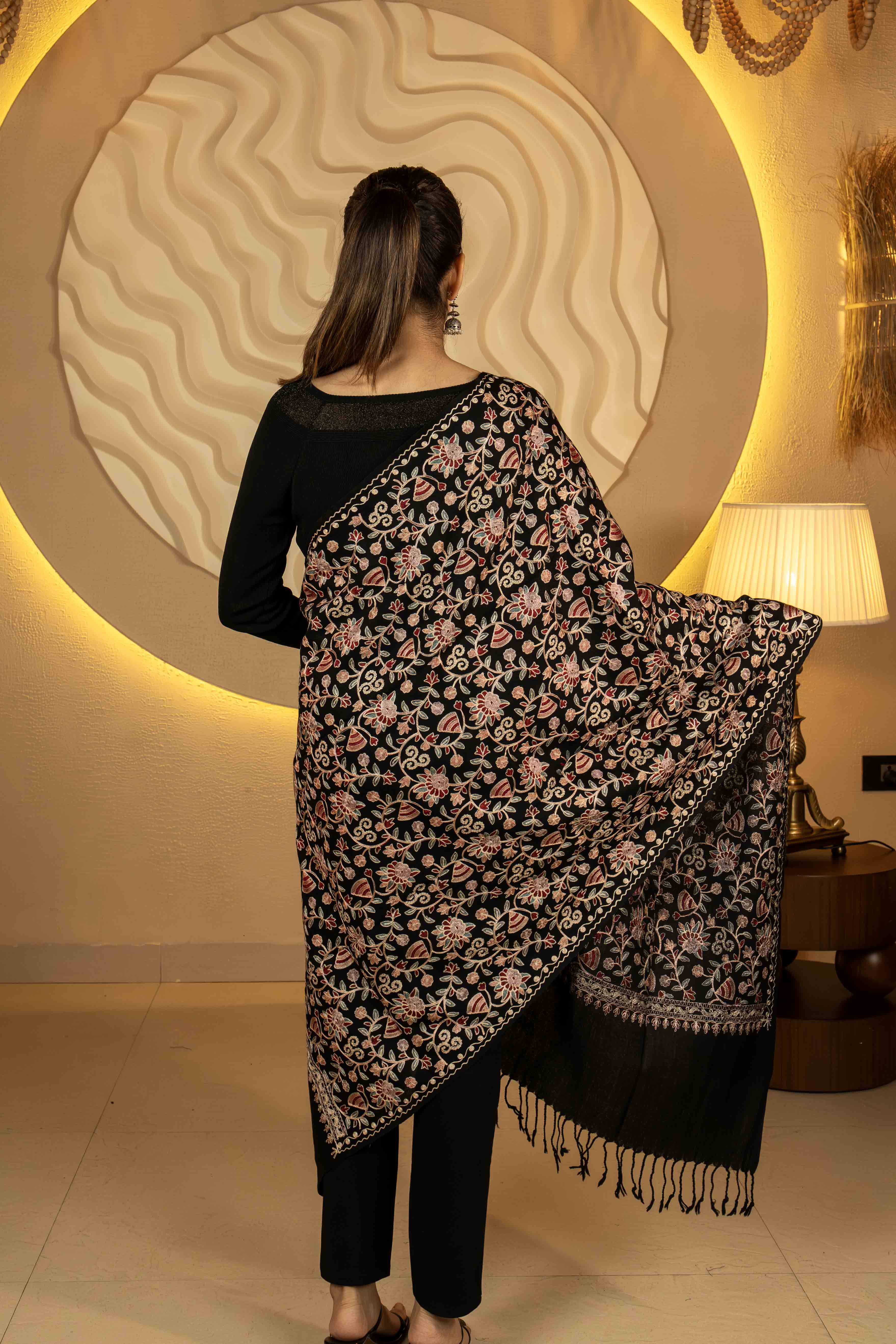 Aari Embroidered Black Pure Wool Stole For Women