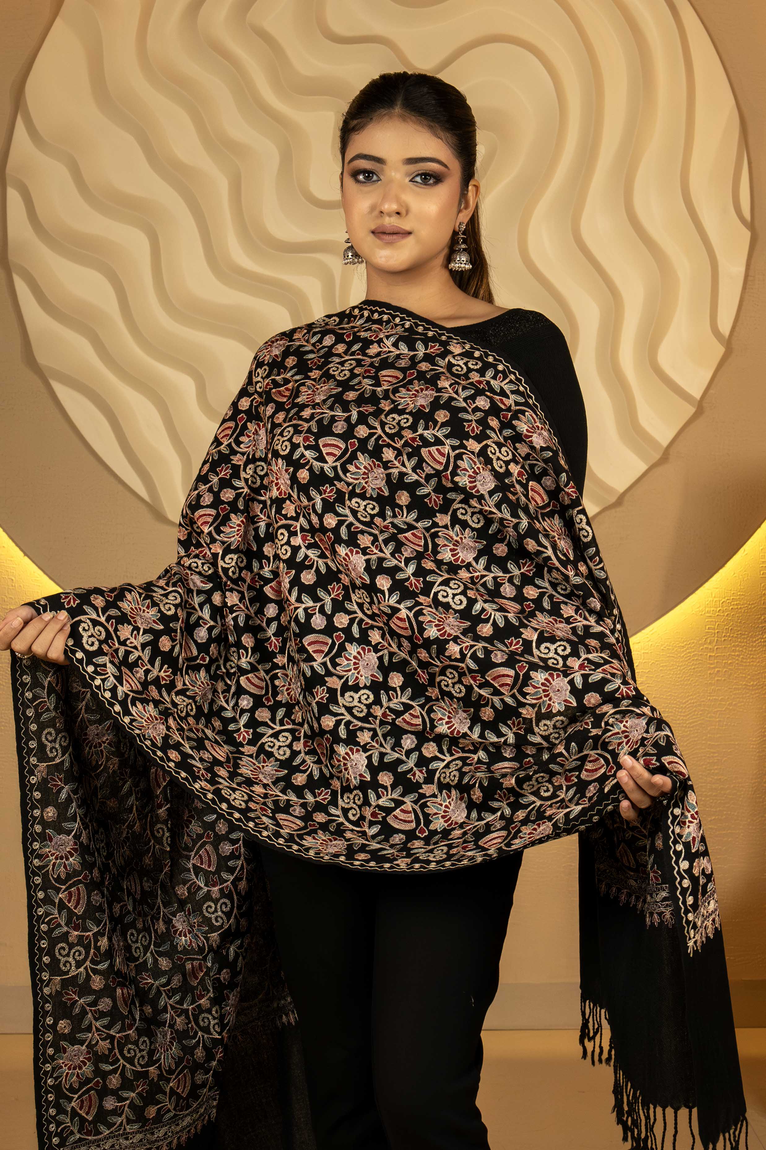 Aari Embroidered Black Pure Wool Stole For Women