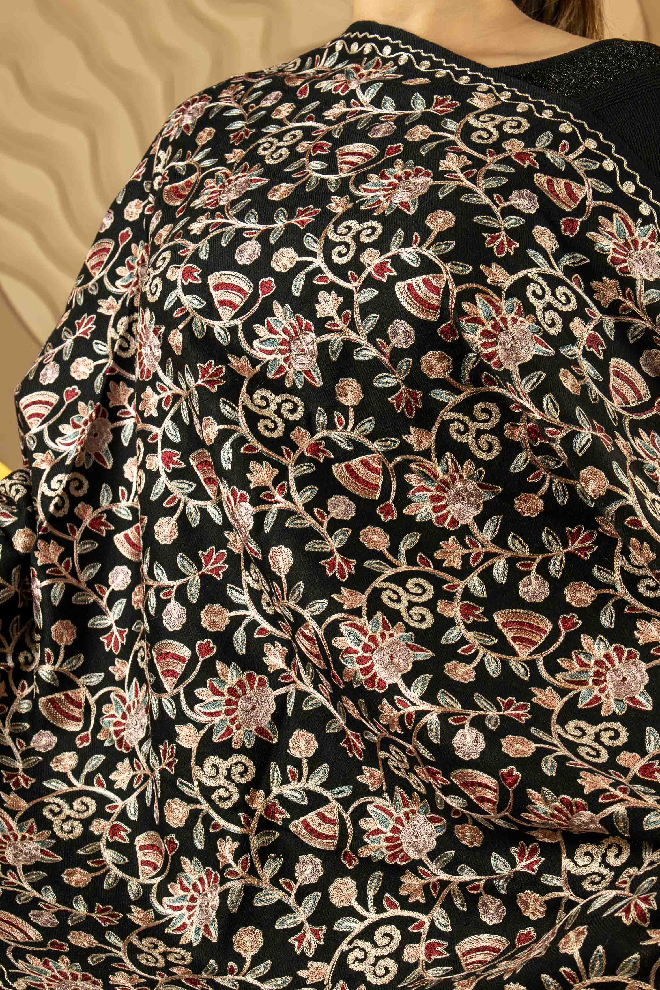 Aari Embroidered Black Pure Wool Stole For Women