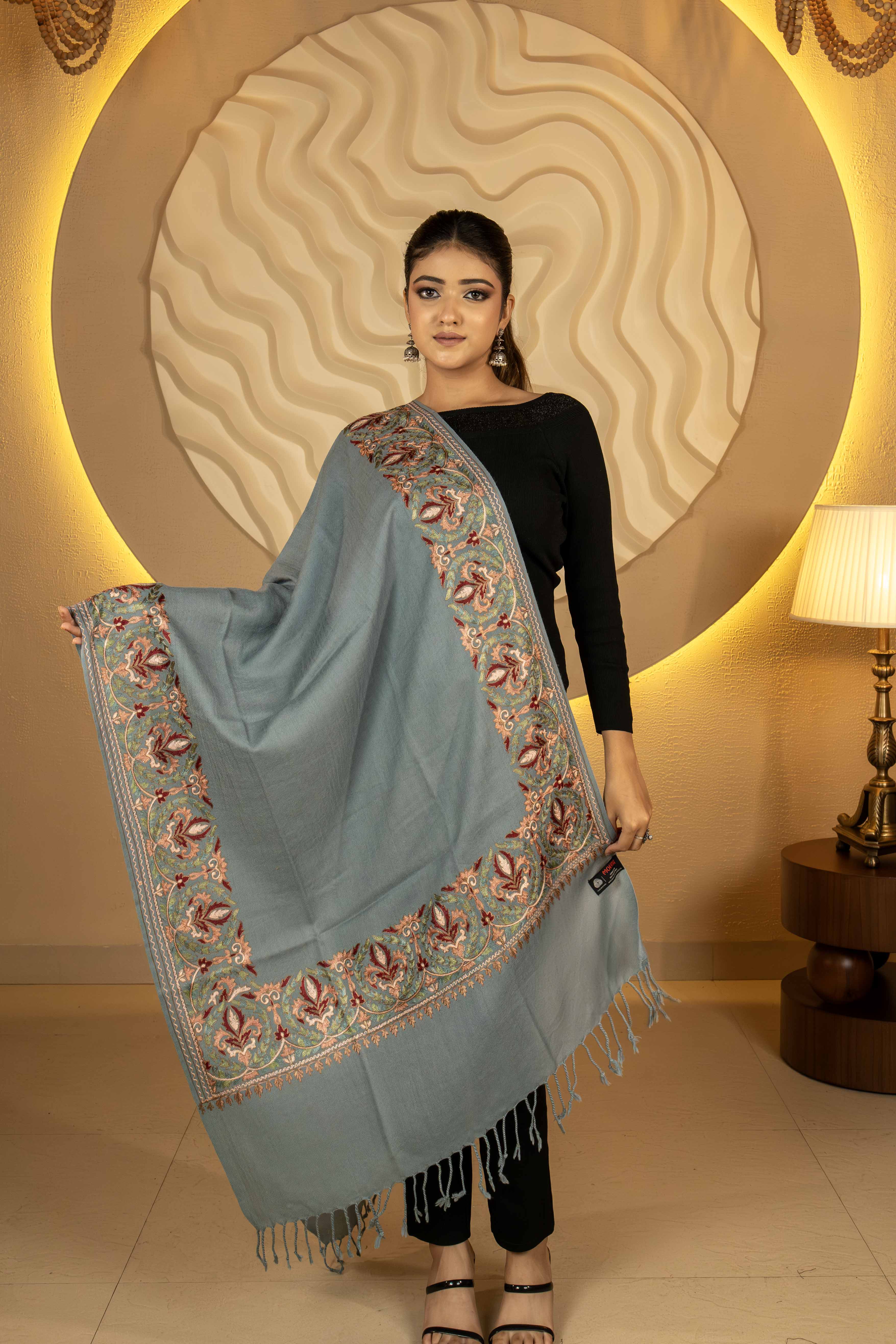 Aari Embroidered Grey Pure Wool Stole For Women