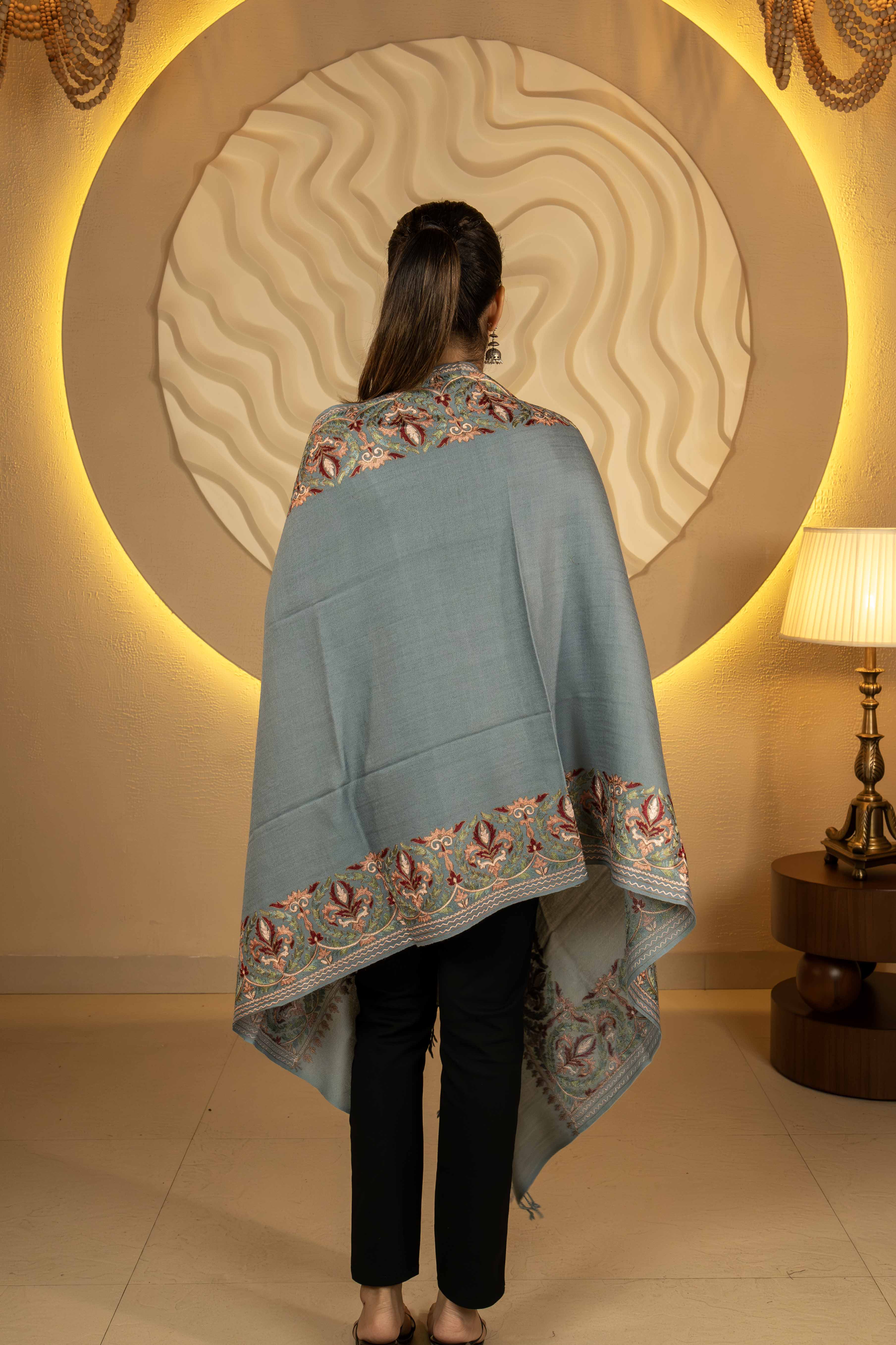 Aari Embroidered Grey Pure Wool Stole For Women