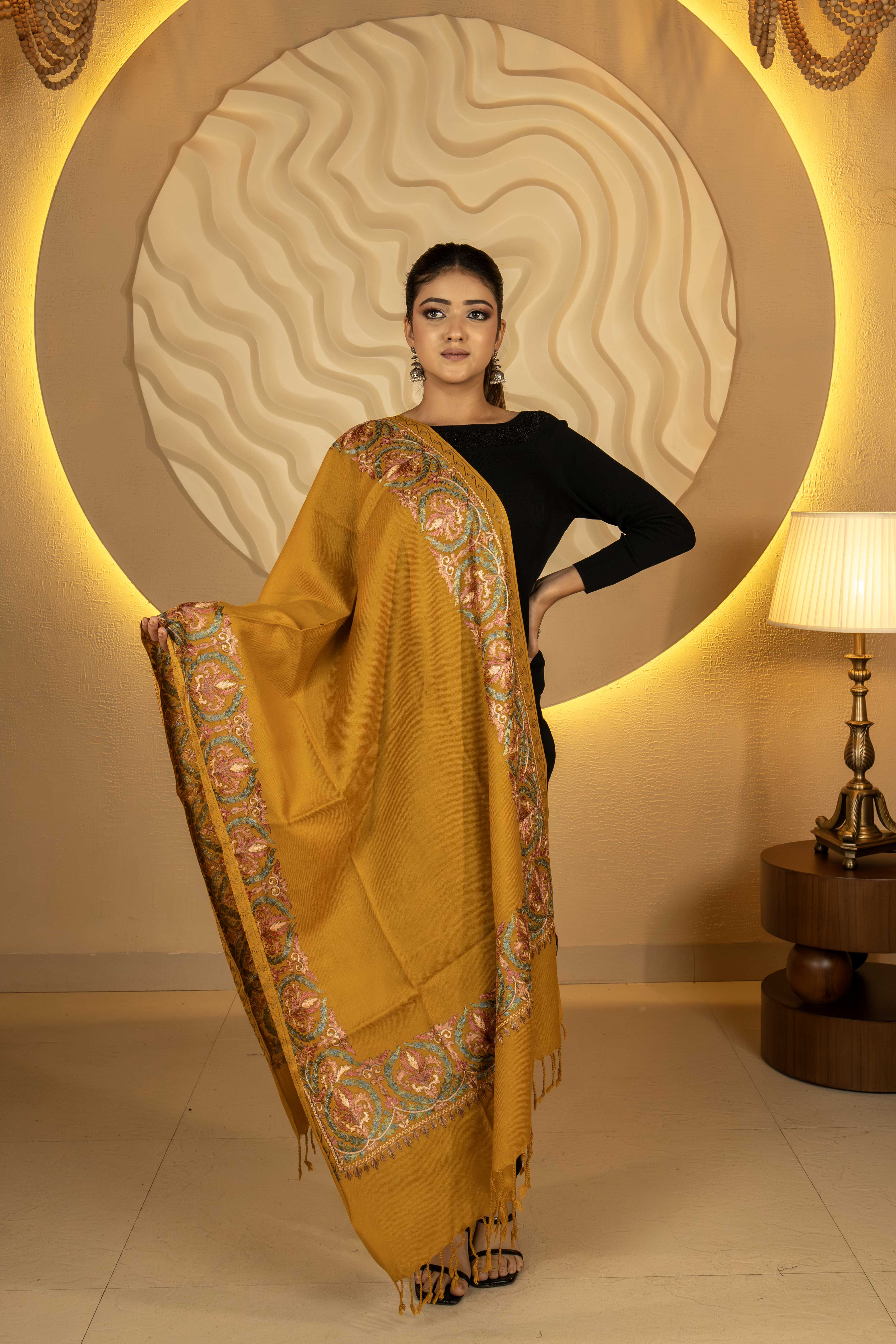 Aari Embroidered Ochre Pure Wool Stole For Women
