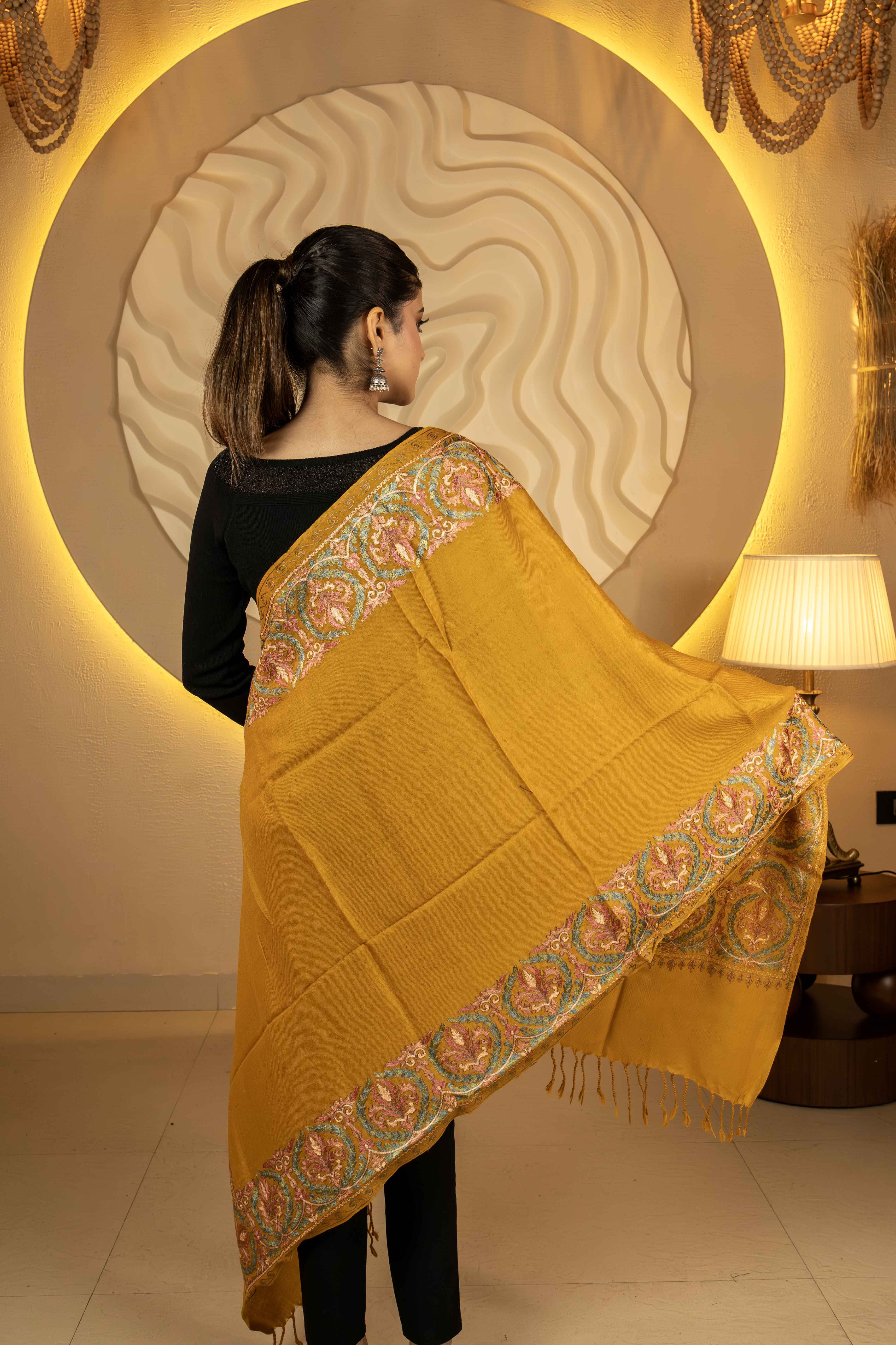 Aari Embroidered Ochre Pure Wool Stole For Women