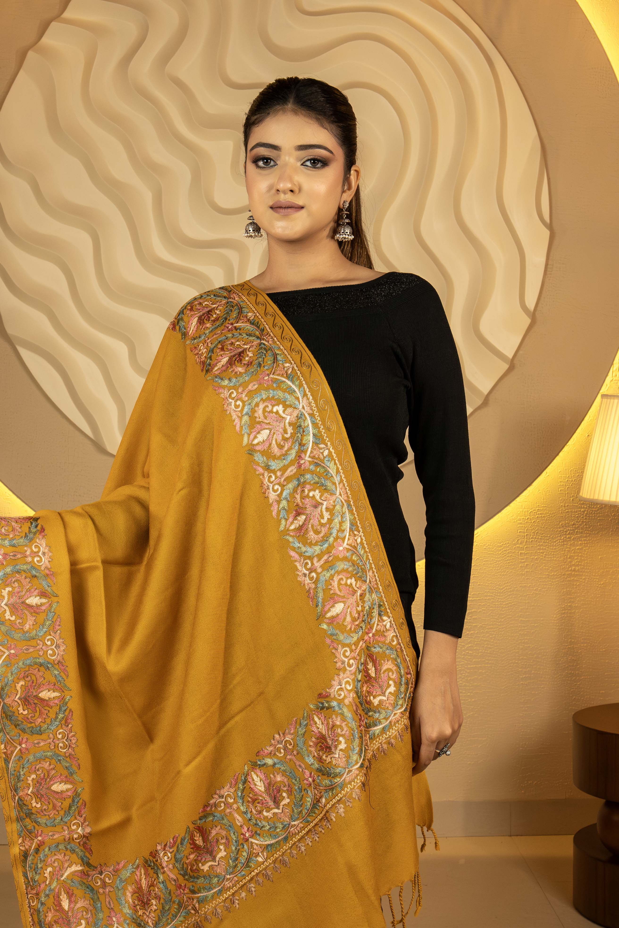 Aari Embroidered Ochre Pure Wool Stole For Women