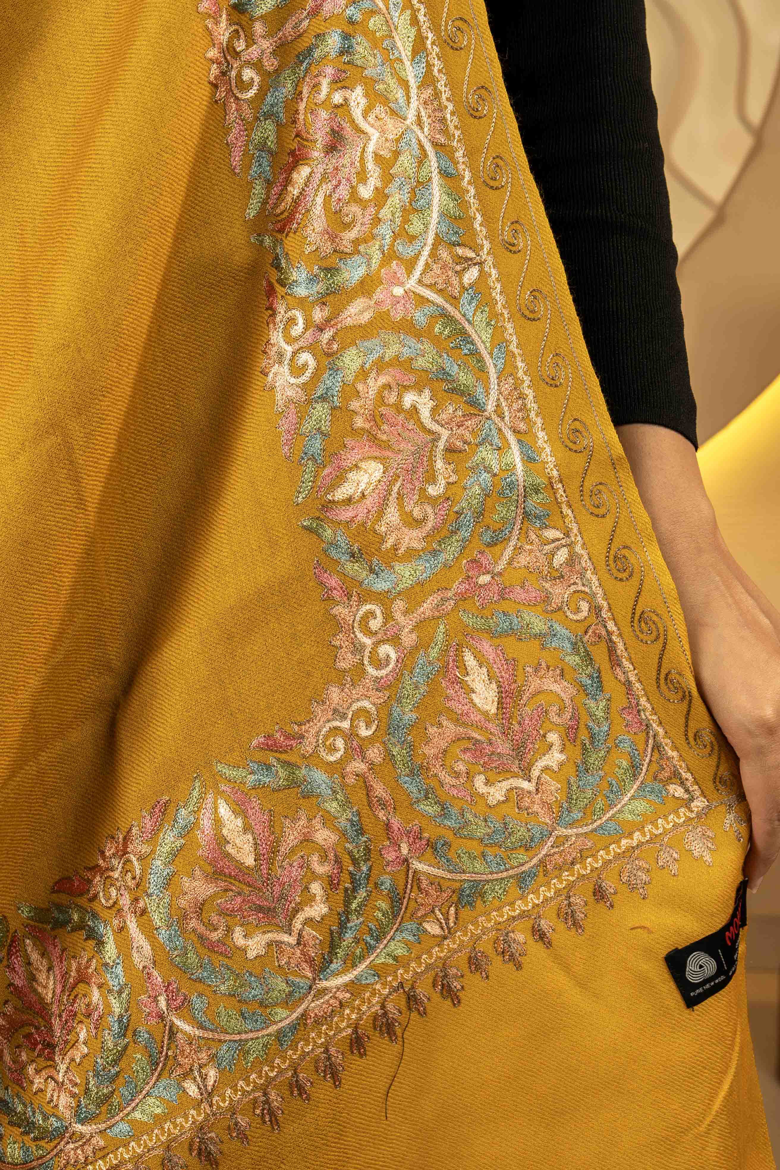 Aari Embroidered Ochre Pure Wool Stole For Women