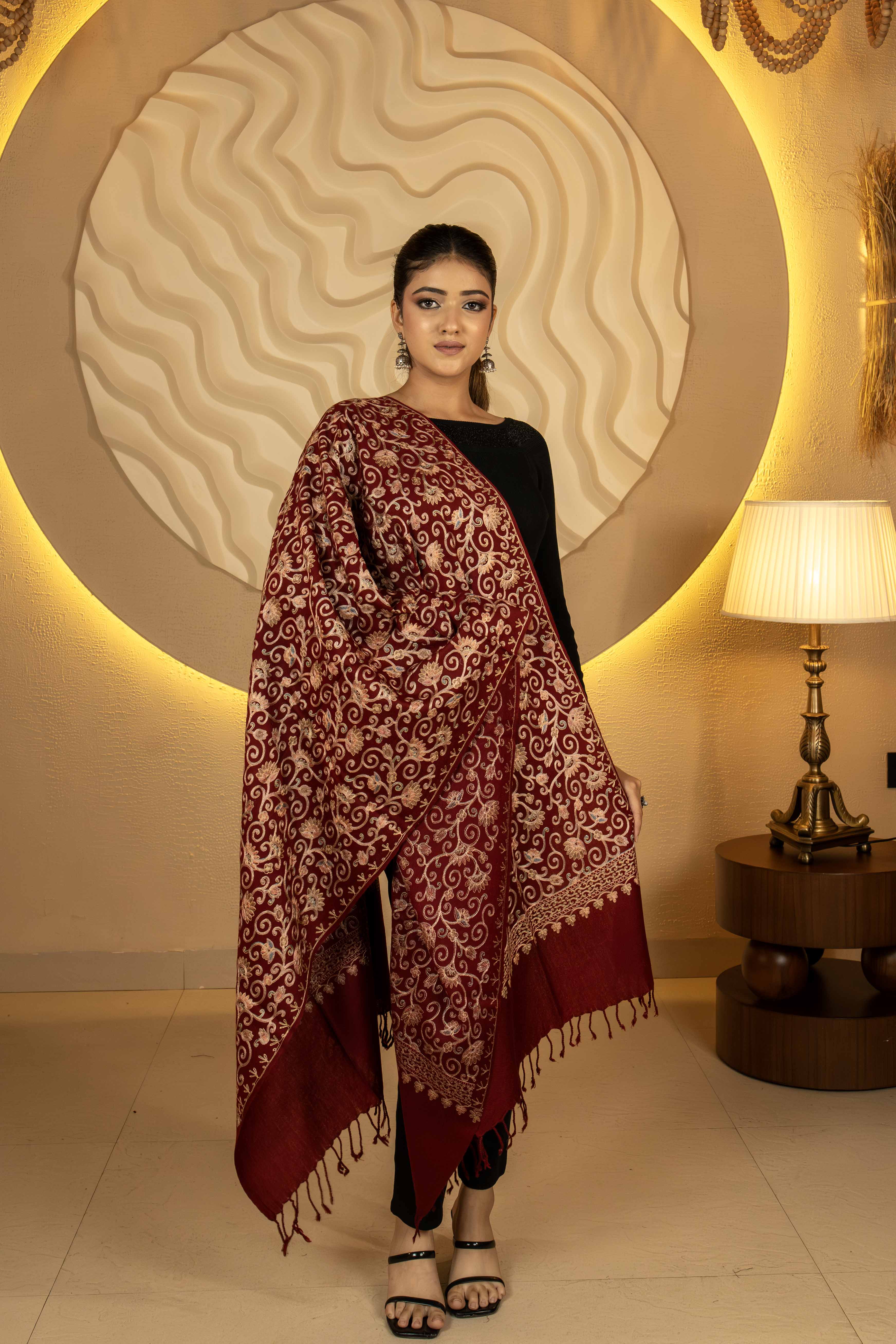 Aari Embroidered Maroon Pure Wool Stole For Women