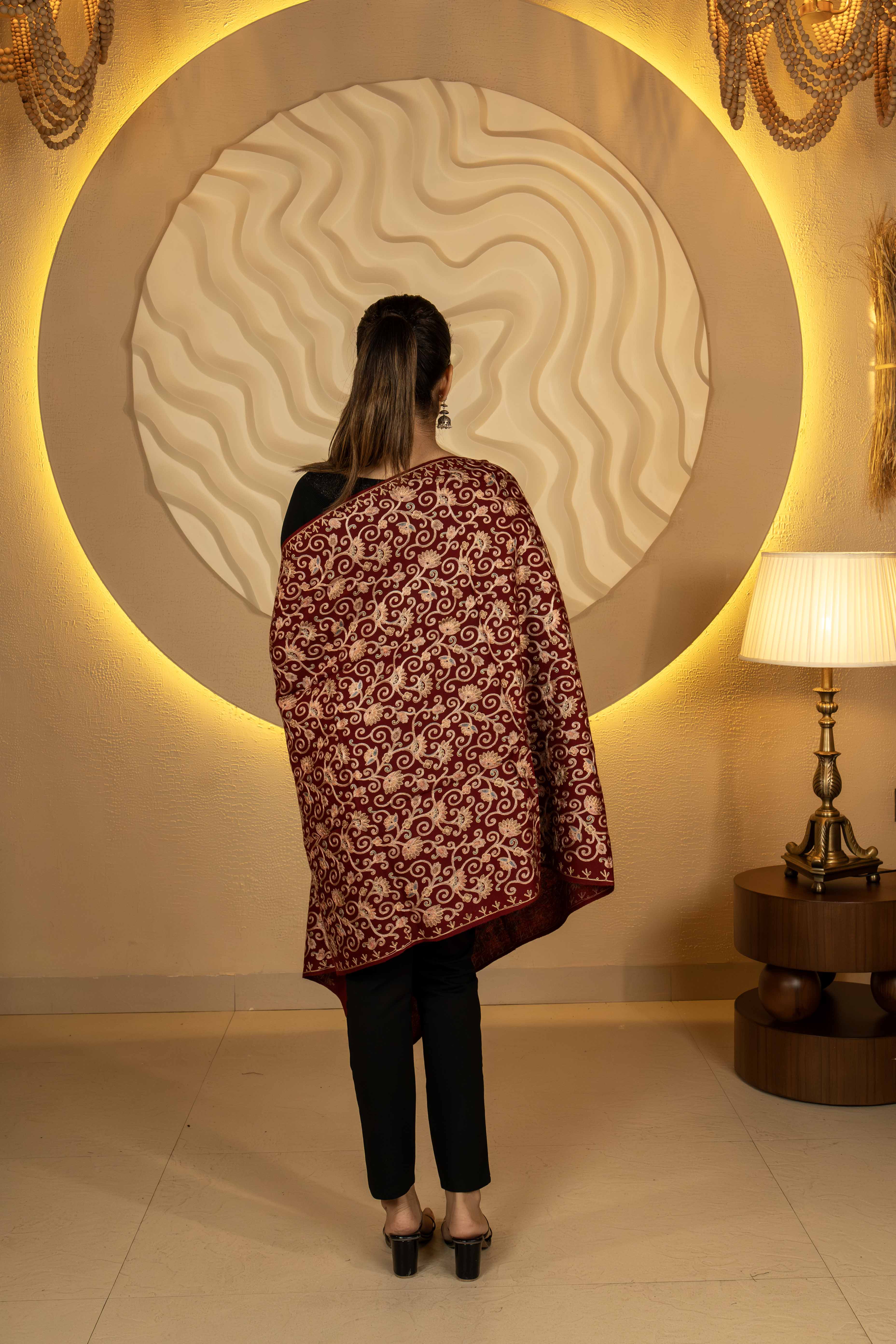 Aari Embroidered Maroon Pure Wool Stole For Women