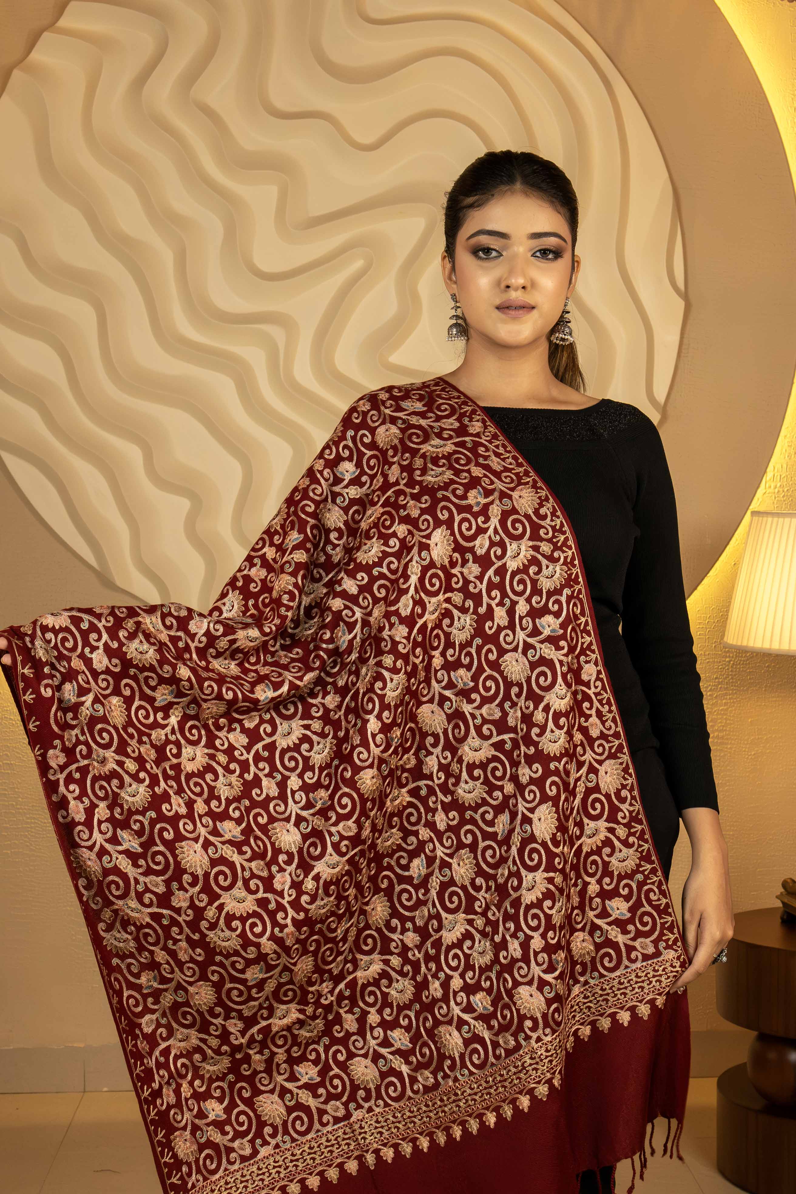 Aari Embroidered Maroon Pure Wool Stole For Women