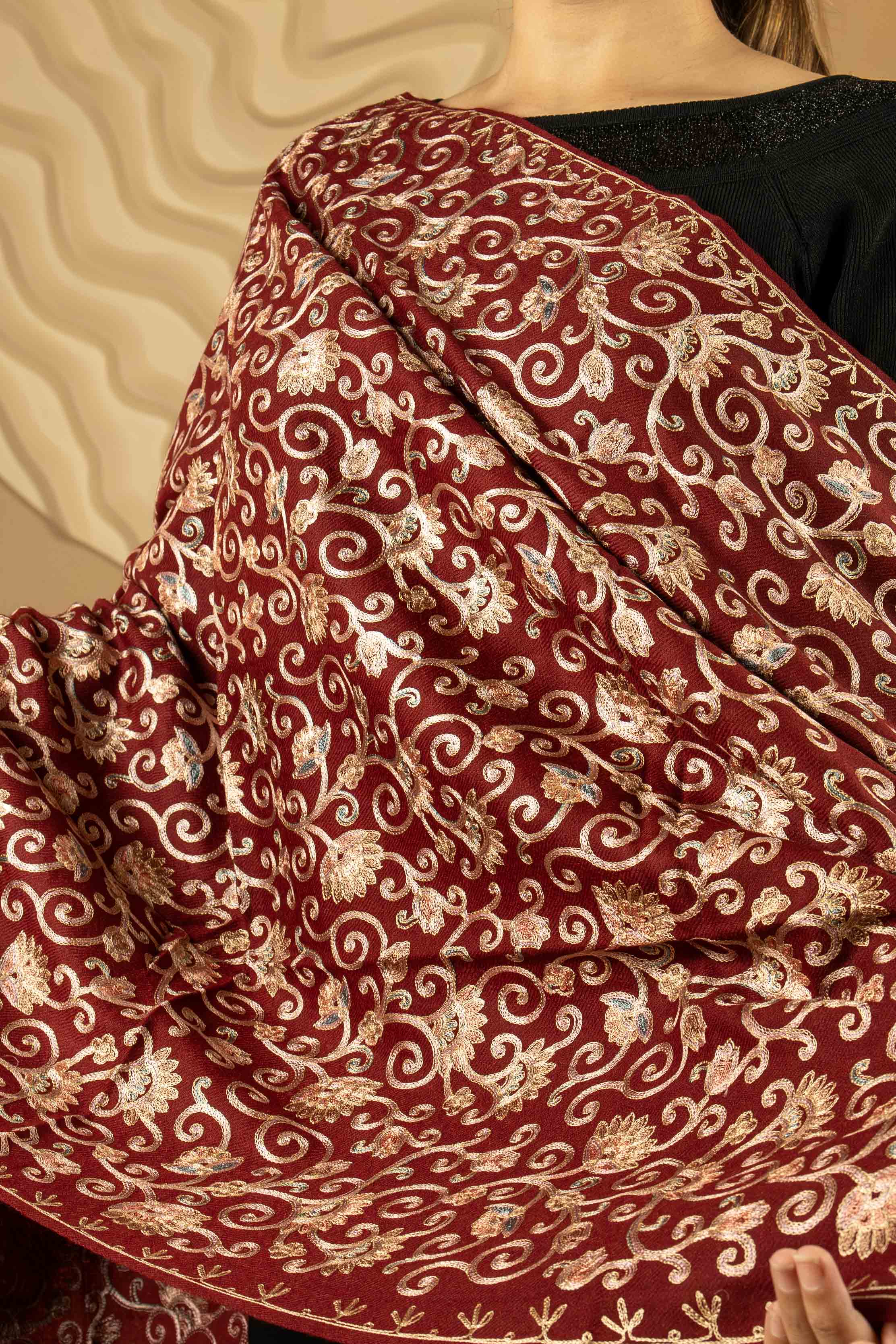 Aari Embroidered Maroon Pure Wool Stole For Women