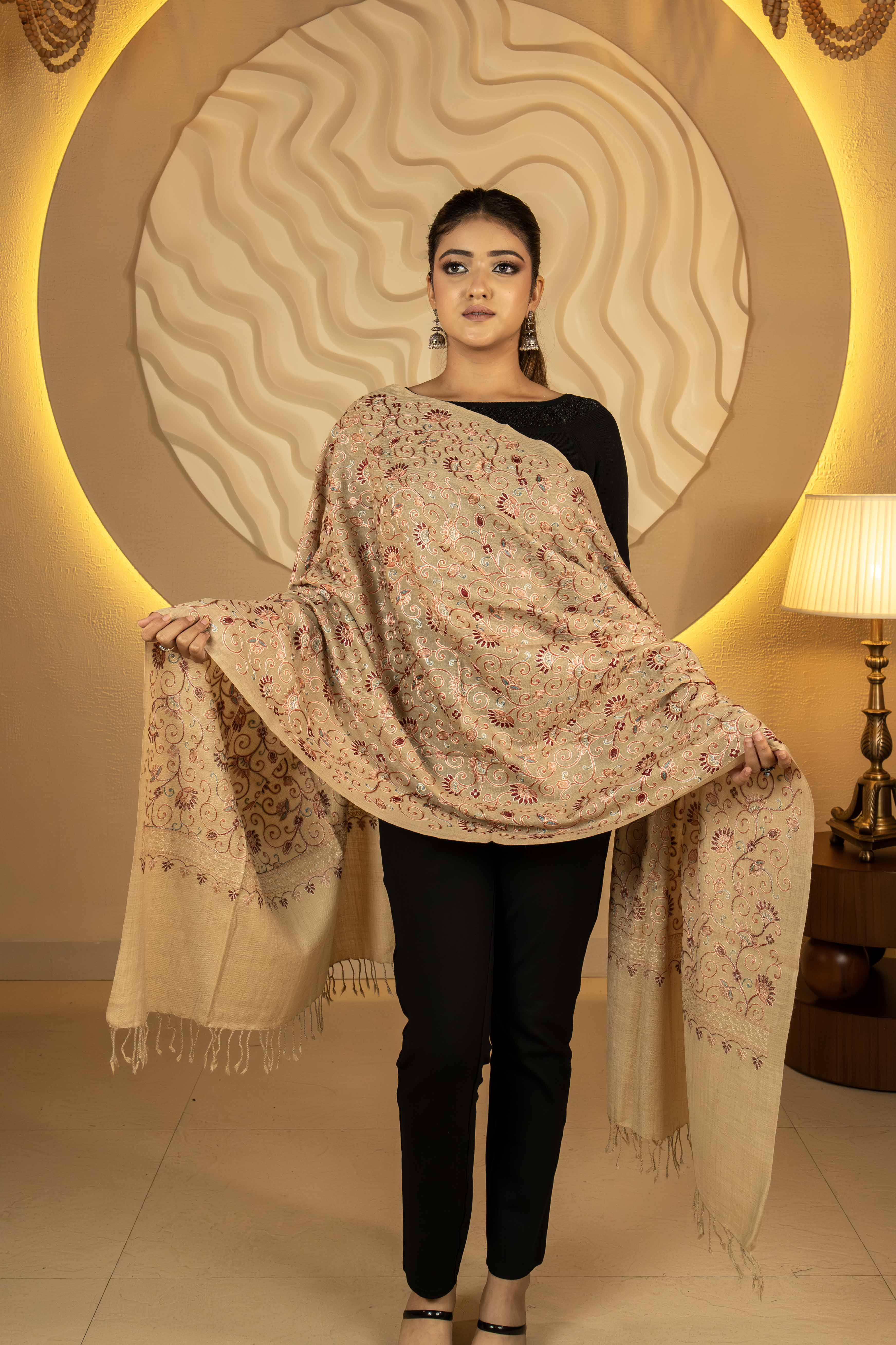 Aari Embroidered Beige Pure Wool Stole For Women