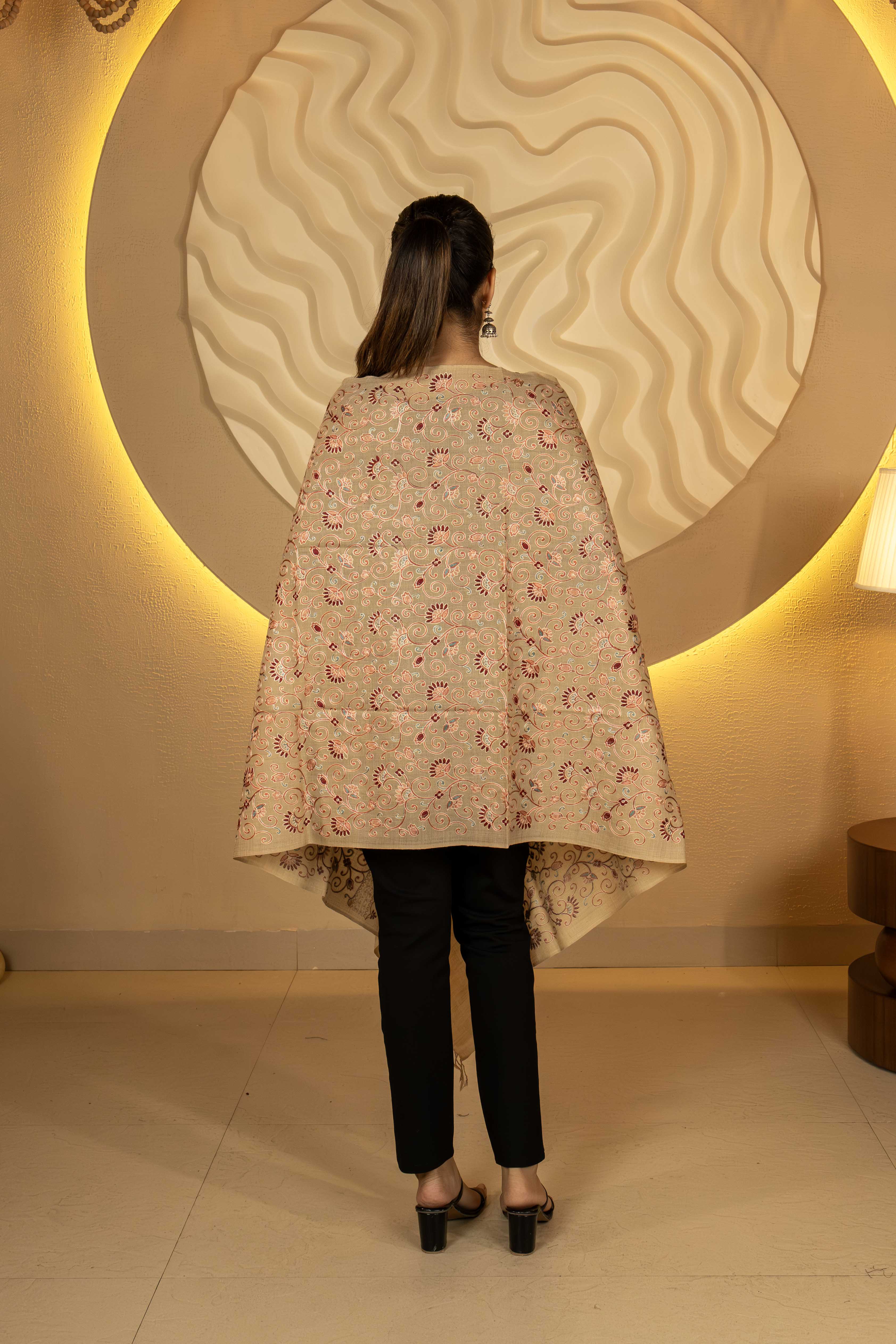 Aari Embroidered Beige Pure Wool Stole For Women