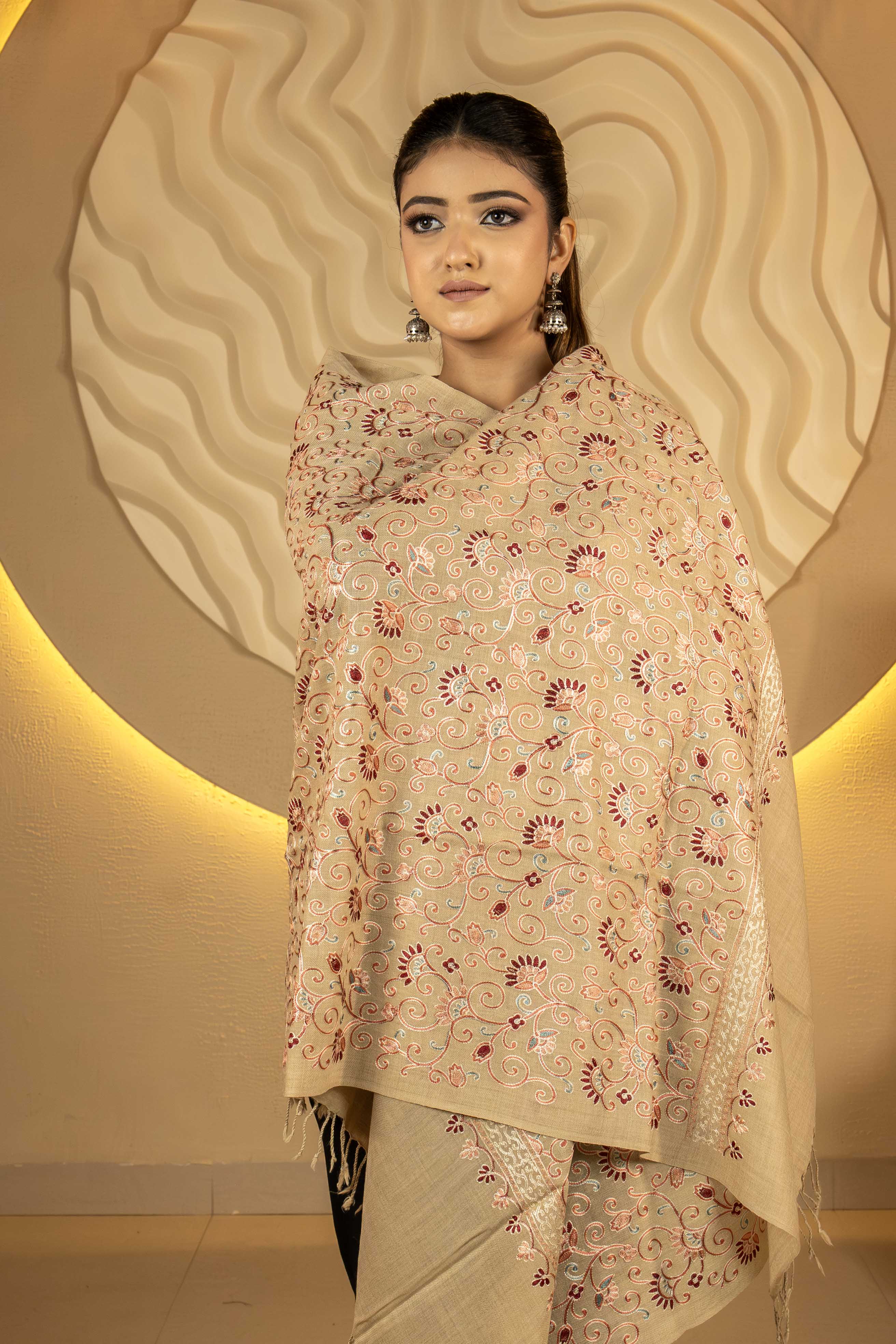 Aari Embroidered Beige Pure Wool Stole For Women