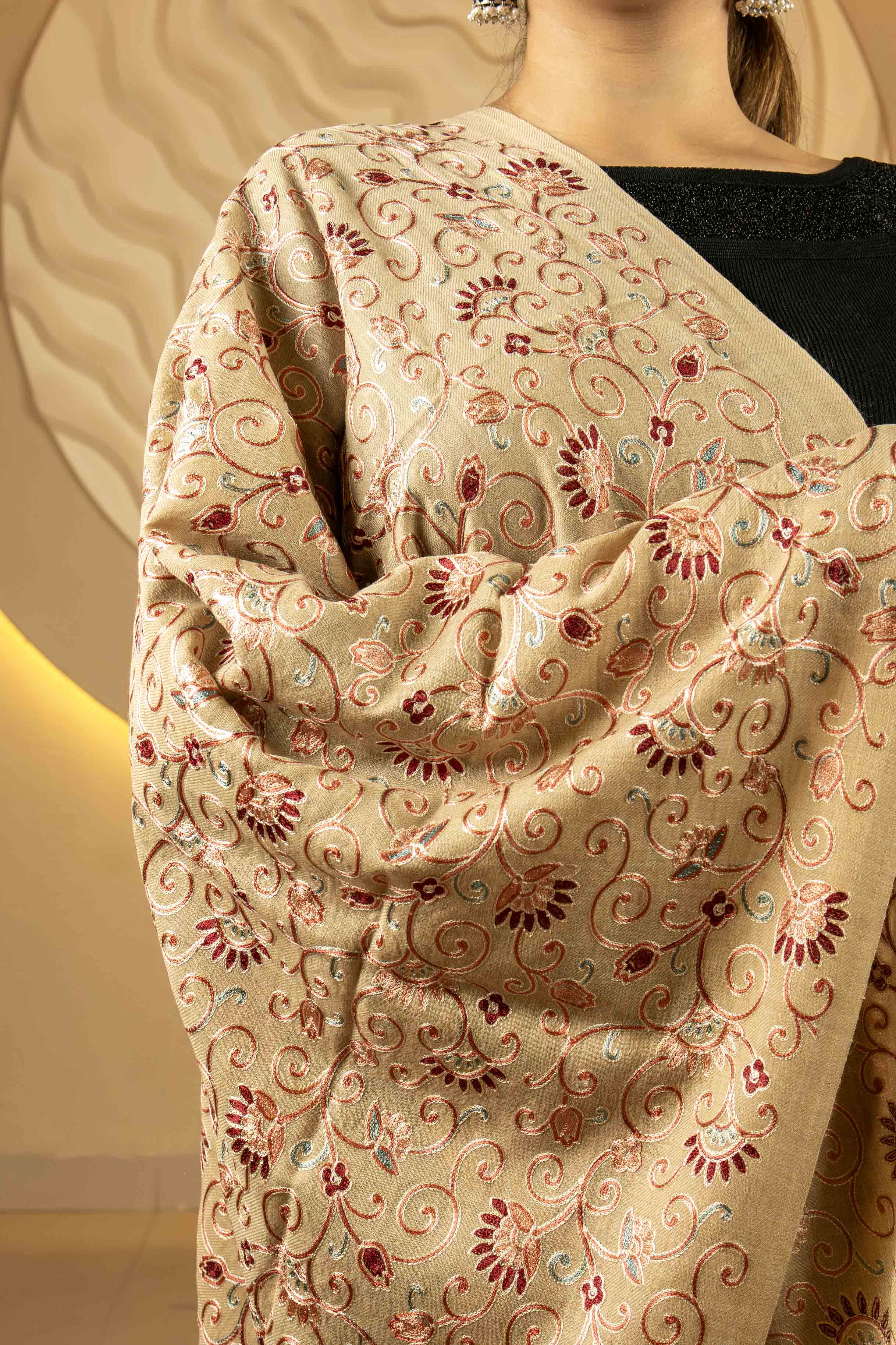 Aari Embroidered Beige Pure Wool Stole For Women