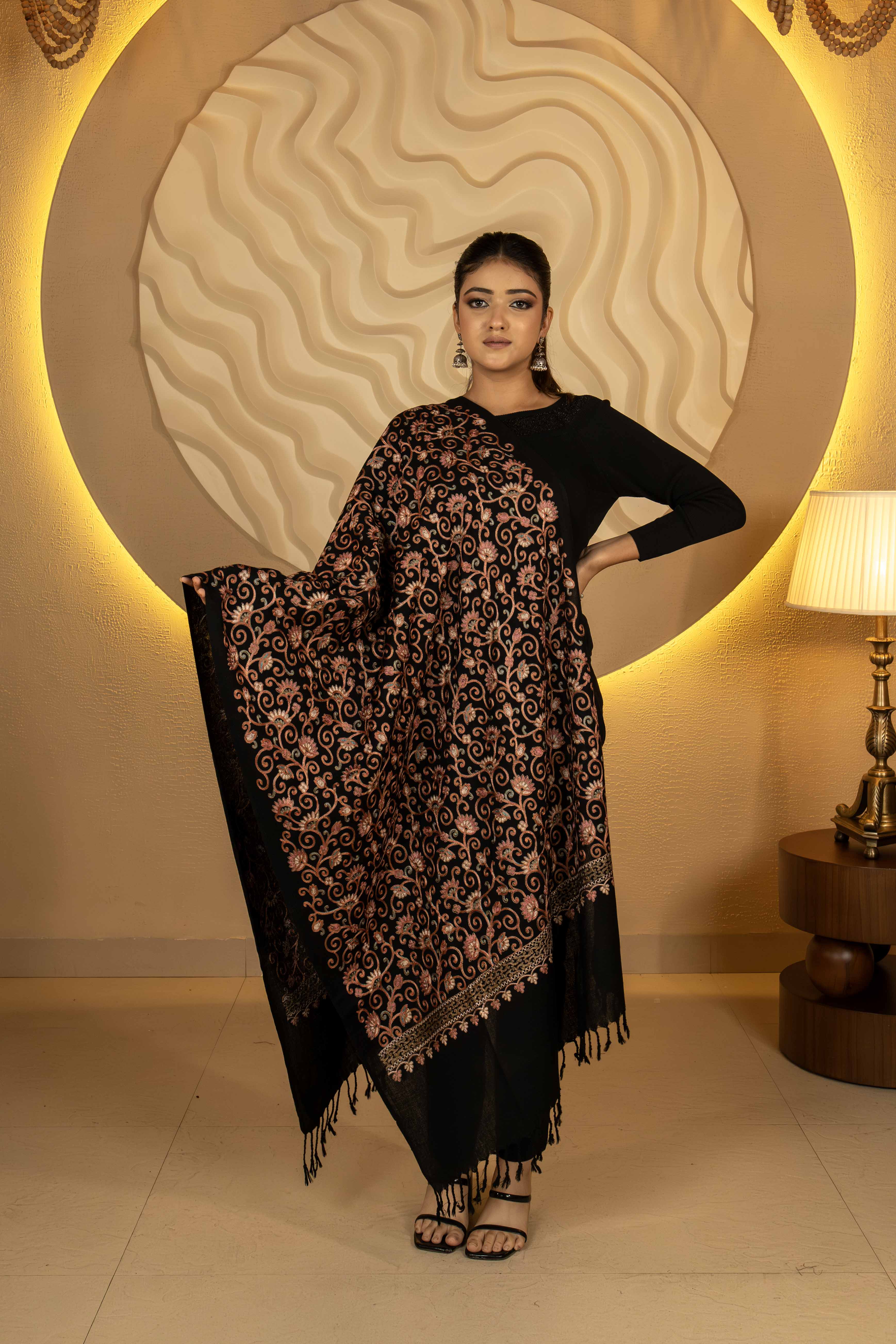 Aari Embroidered Black Pure Wool Stole For Women