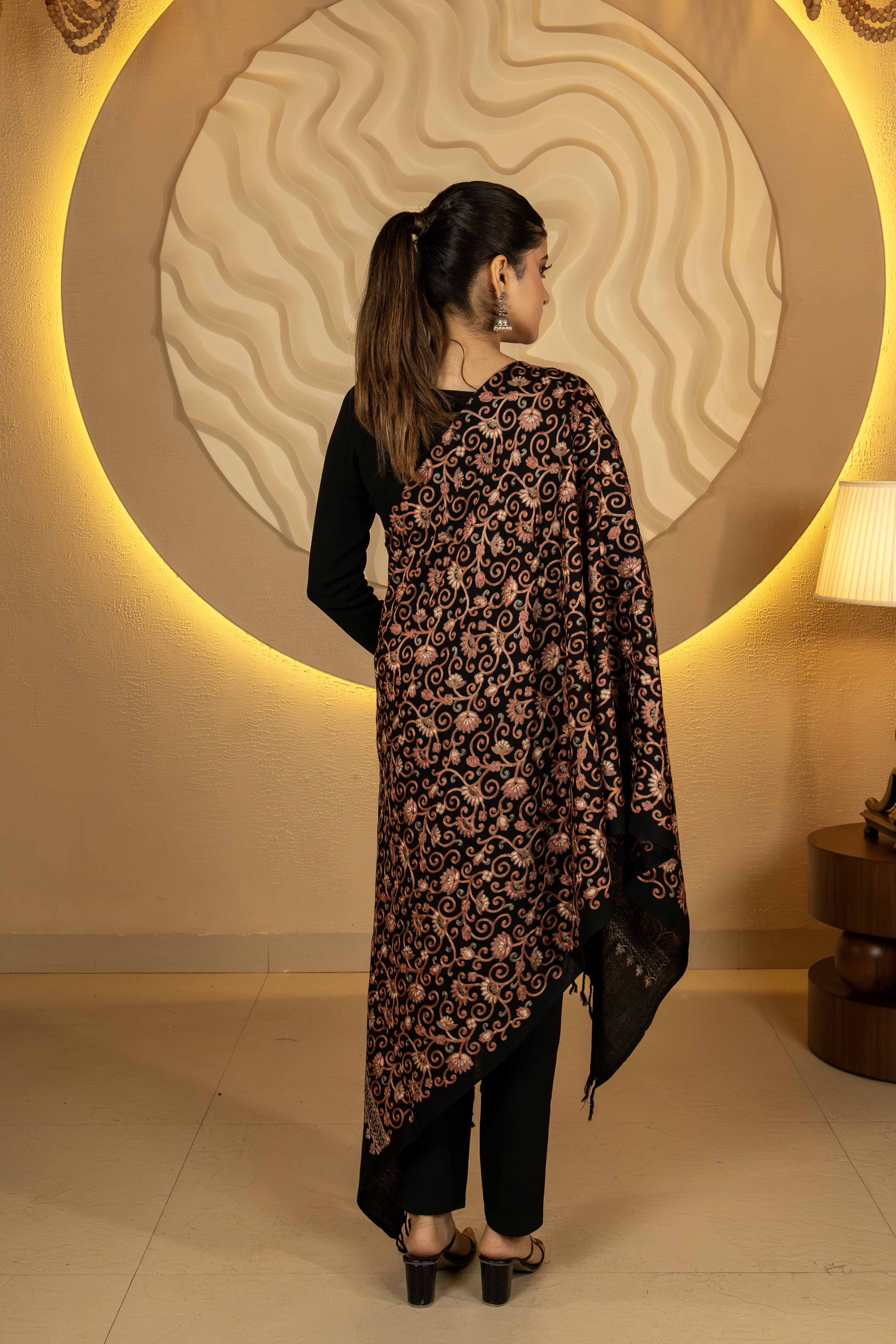 Aari Embroidered Black Pure Wool Stole For Women