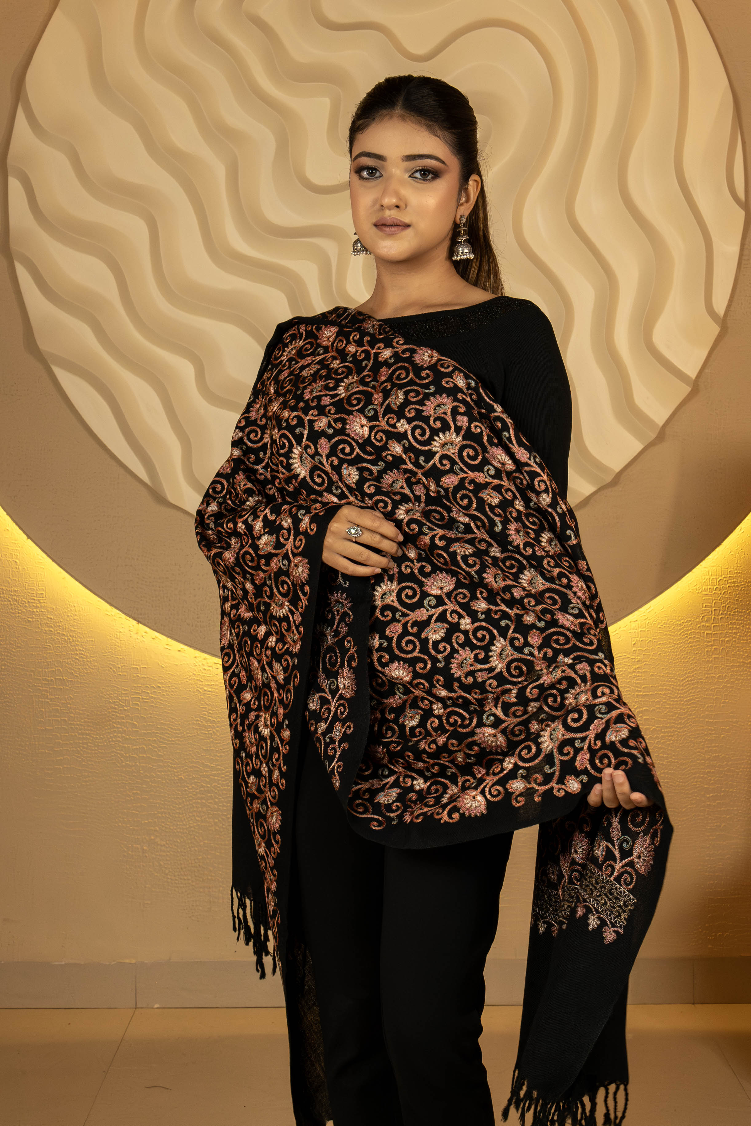 Aari Embroidered Black Pure Wool Stole For Women