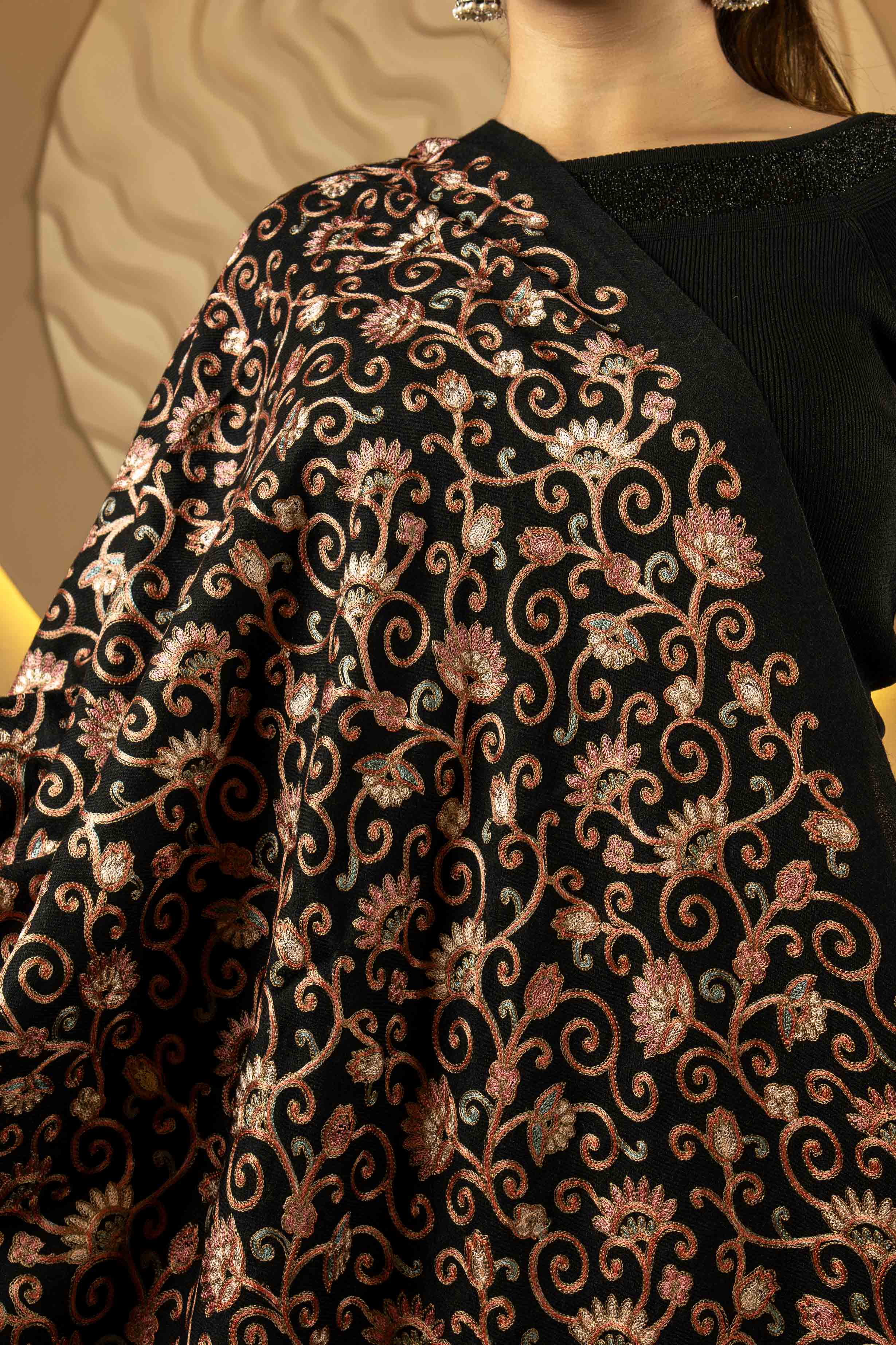 Aari Embroidered Black Pure Wool Stole For Women