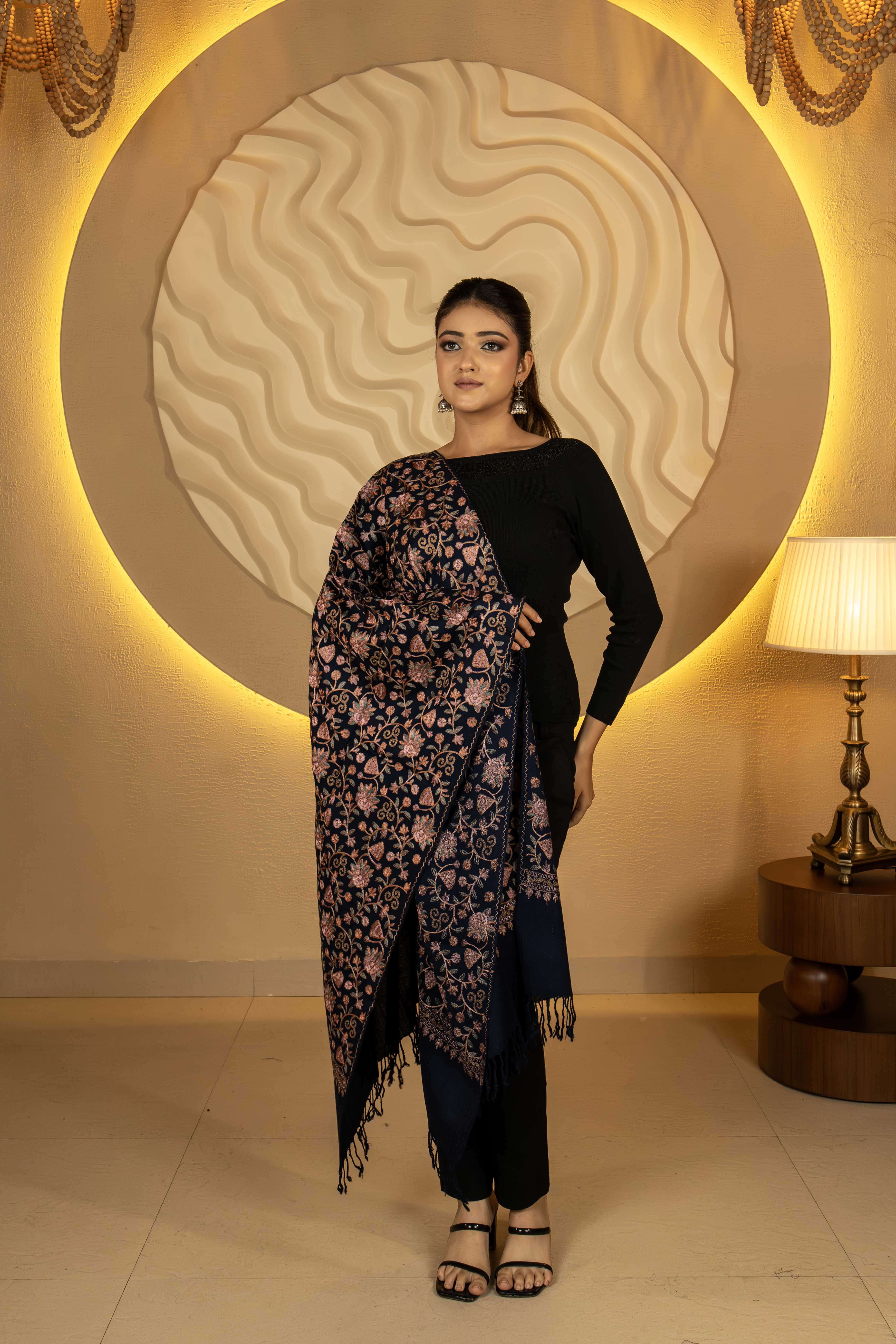 Aari Embroidered Navy Blue Pure Wool Stole For Women